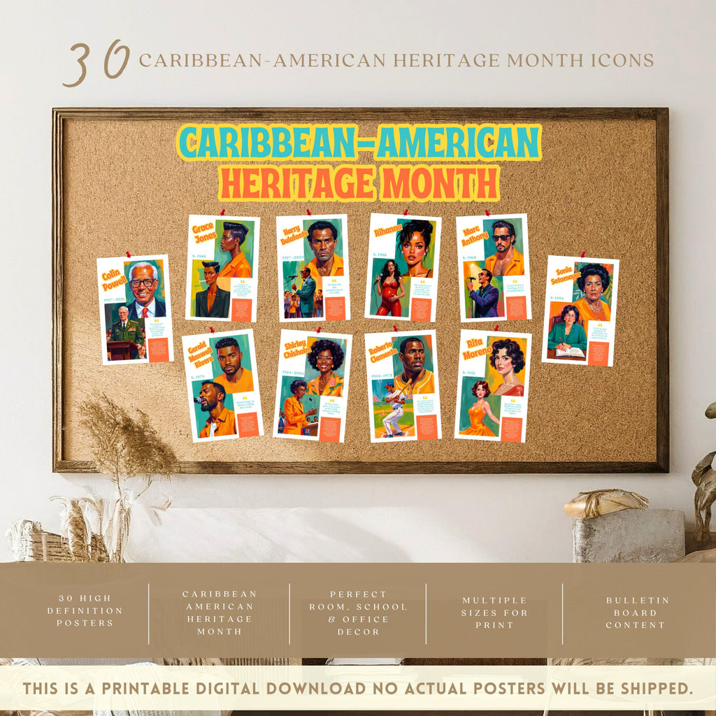 Printable Caribbean-American Heritage Month poster set of 30 featuring history icons for June bulletin boards, classroom decor, and displays.