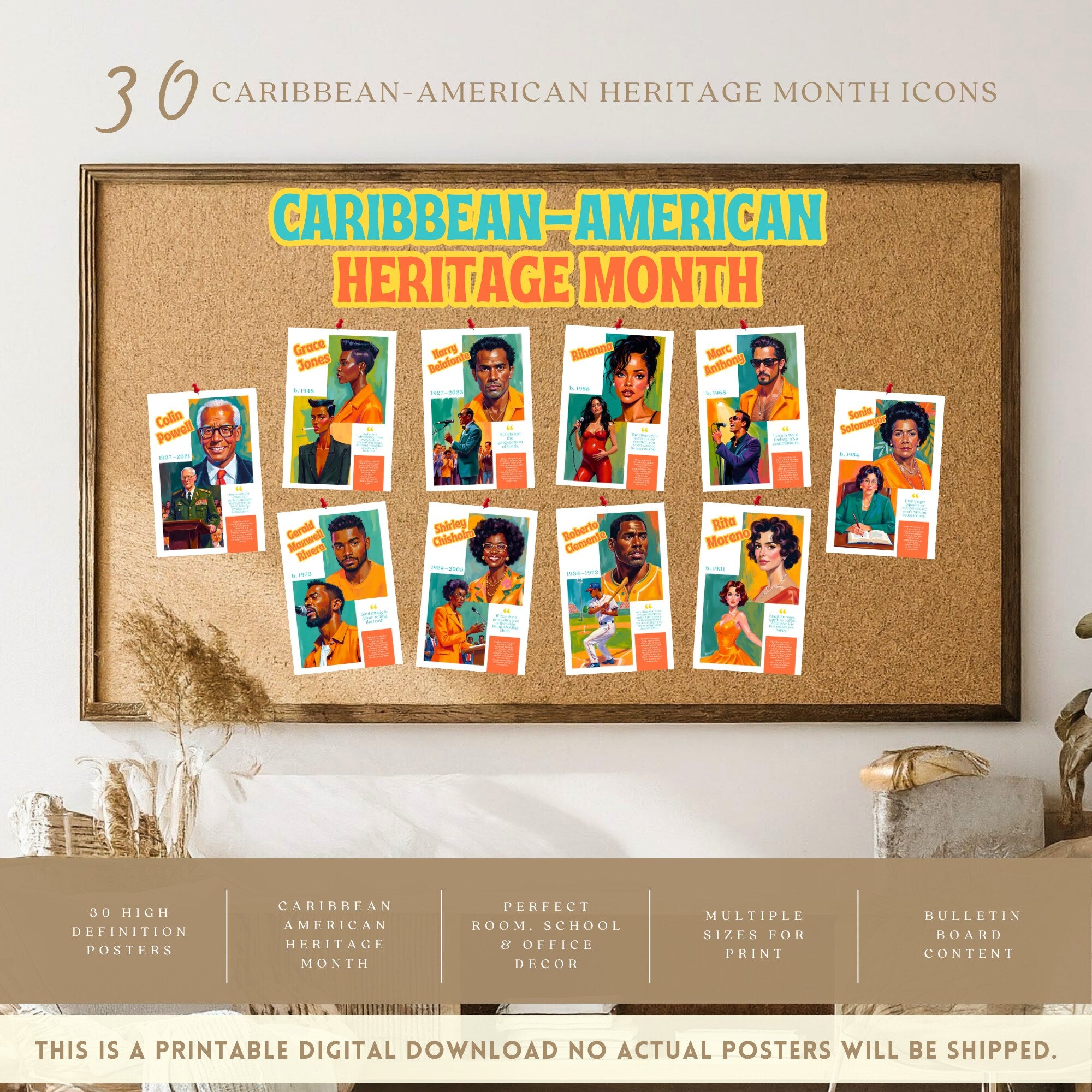 Printable Caribbean-American Heritage Month poster set of 30 featuring history icons for June bulletin boards, classroom decor, and displays.