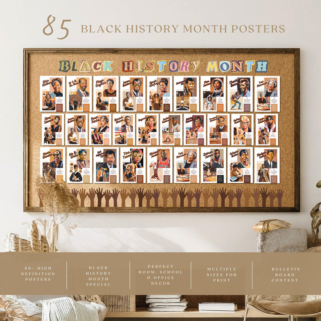 Printable Black History Month poster set of 85 featuring African American and African heritage icons, famous quotes, classroom decor, and bulletin boards.