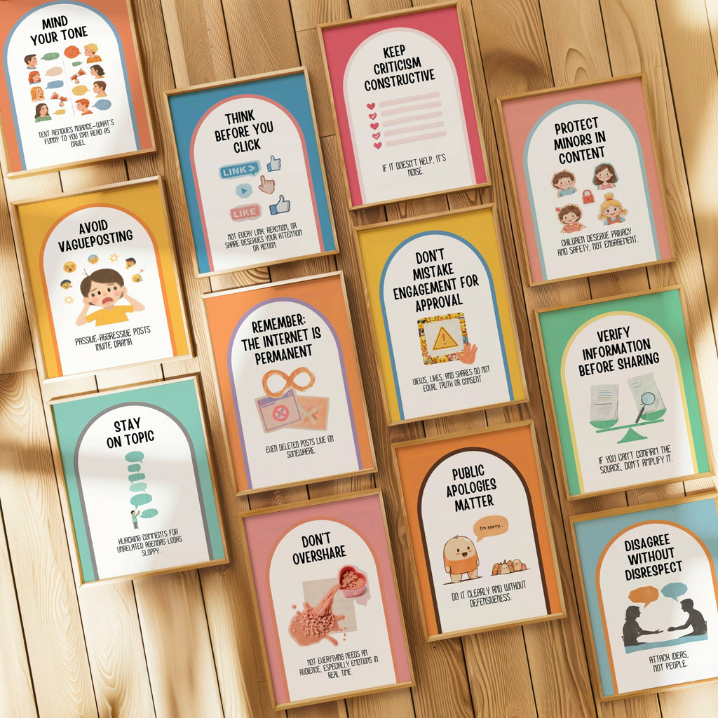 Printable social media etiquette poster set of 35 for middle school, high school, office bulletin boards, digital citizenship, and classroom decor.
