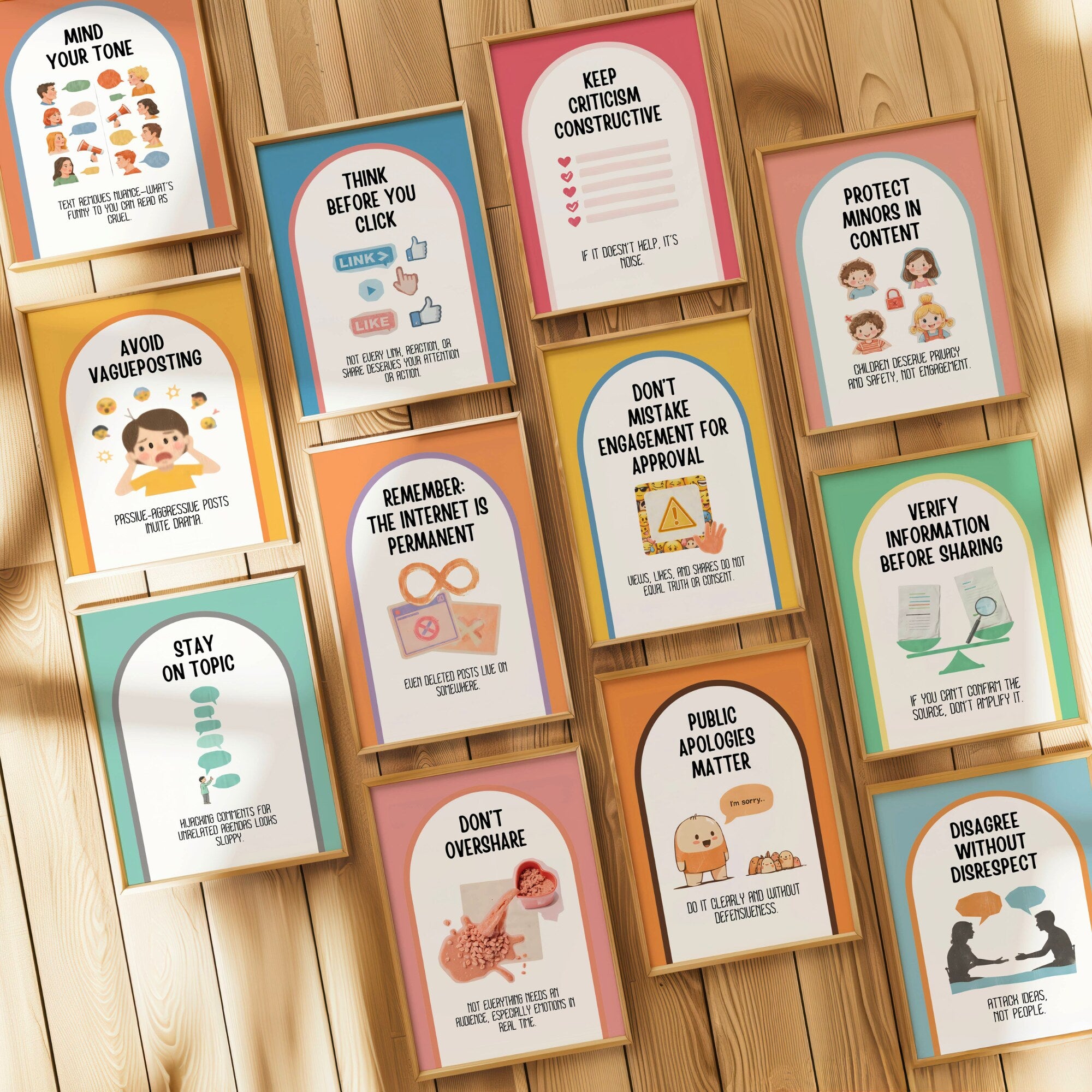 Printable social media etiquette poster set of 35 for middle school, high school, office bulletin boards, digital citizenship, and classroom decor.