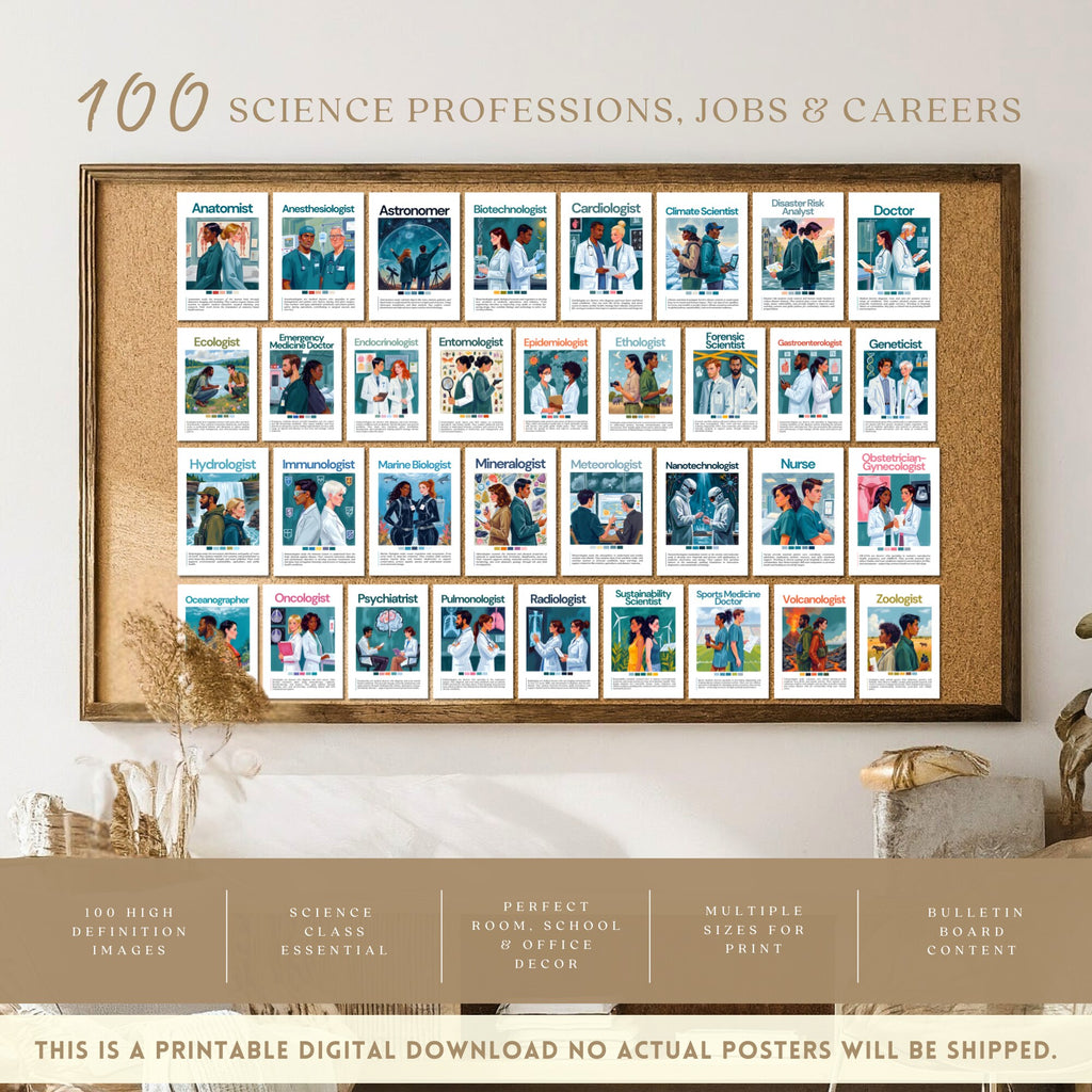 Printable science careers poster set of 100 for STEM classroom decor, career exploration, bulletin boards, homeschool spaces, and wall displays.