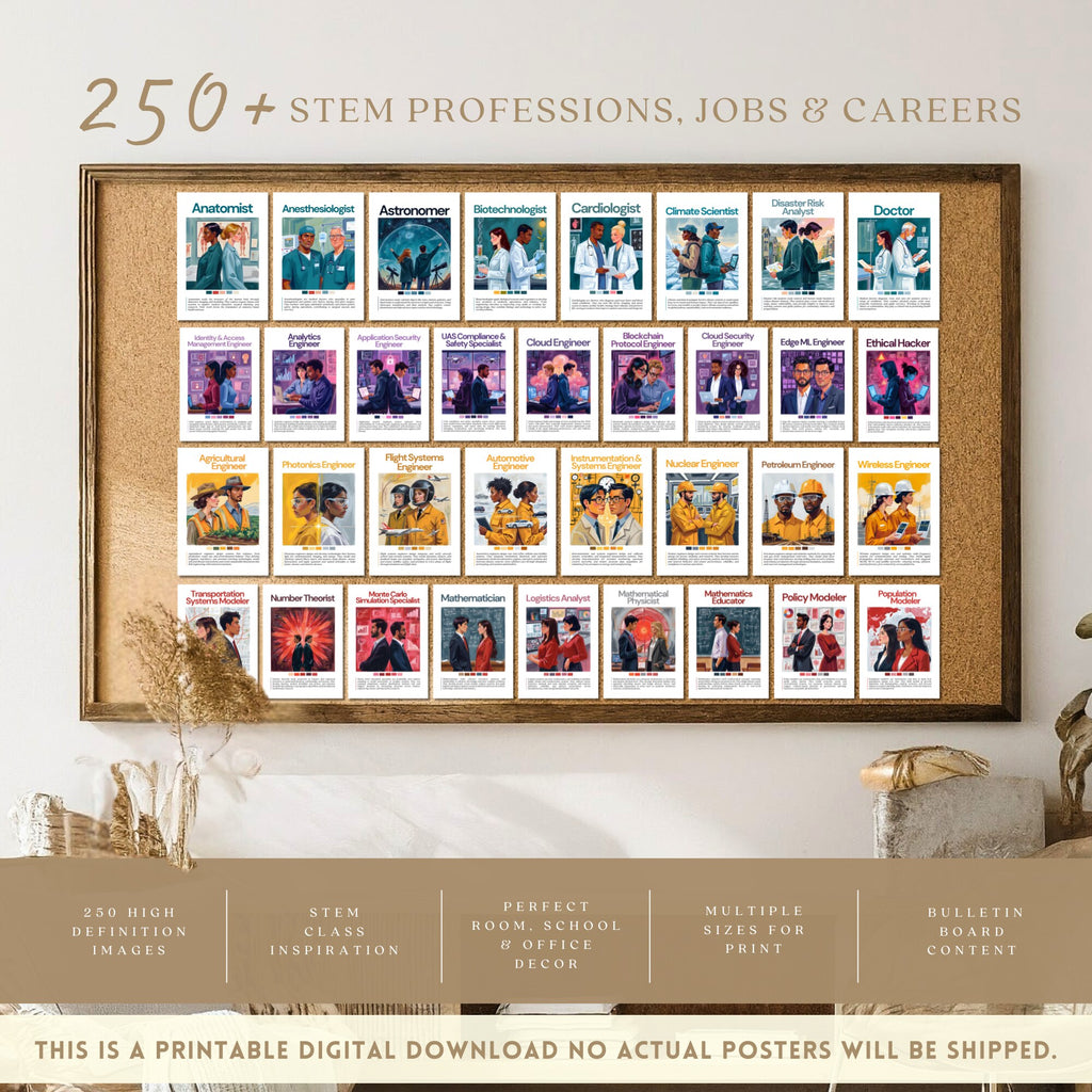 Printable STEM careers mega bundle with 250+ posters for science, technology, engineering, and math classroom decor, bulletin boards, and career exploration.