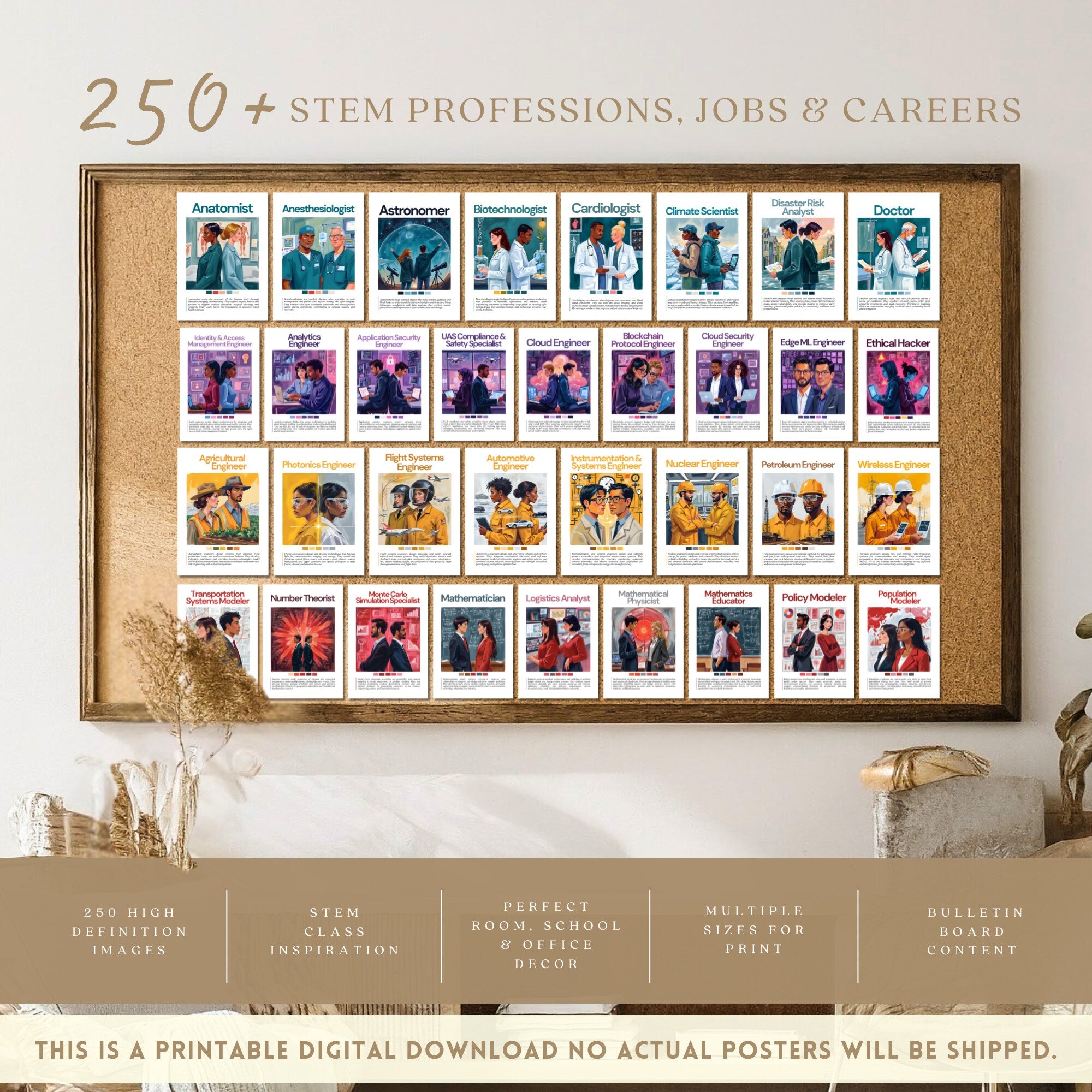 Printable STEM careers mega bundle with 250+ posters for science, technology, engineering, and math classroom decor, bulletin boards, and career exploration.