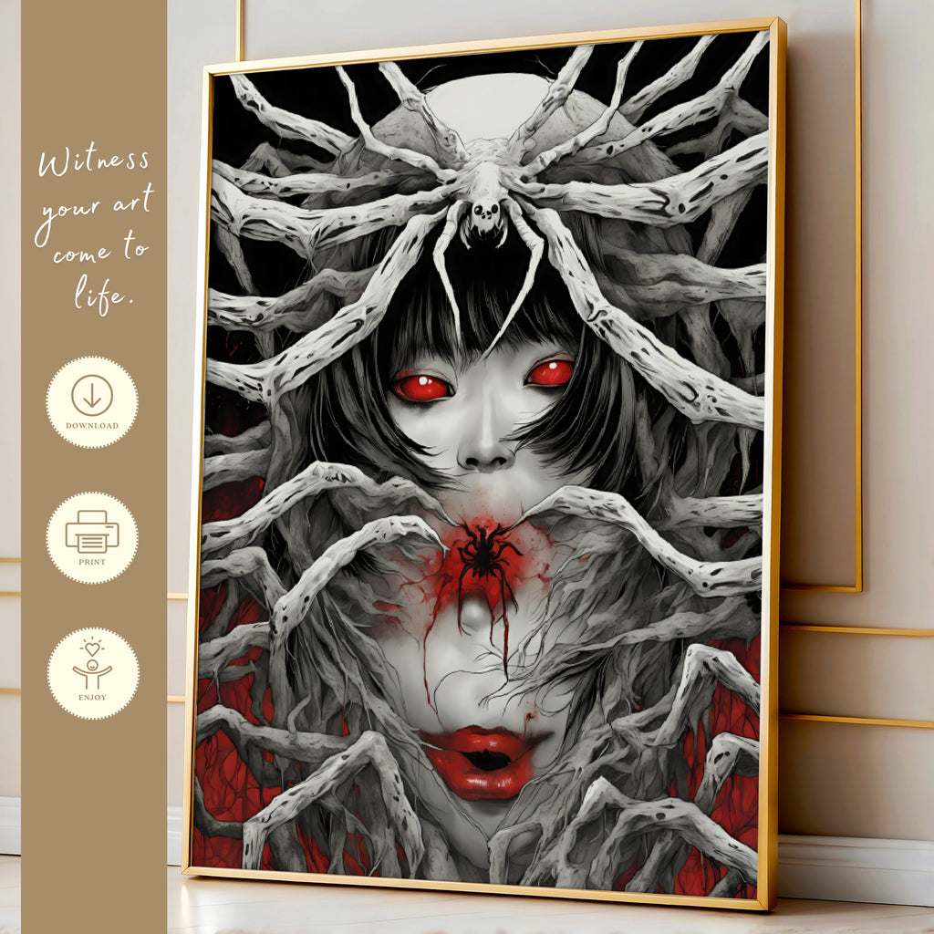 Printable Japanese mythological creatures poster set of 20 for Halloween decor, Japan horror wall art, dark fall displays, and spooky gothic gallery walls.