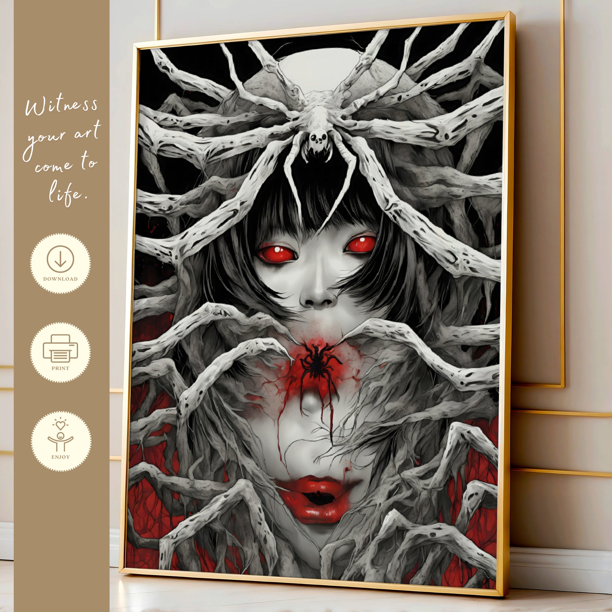 Printable Japanese mythological creatures poster set of 20 for Halloween decor, Japan horror wall art, dark fall displays, and spooky gothic gallery walls.