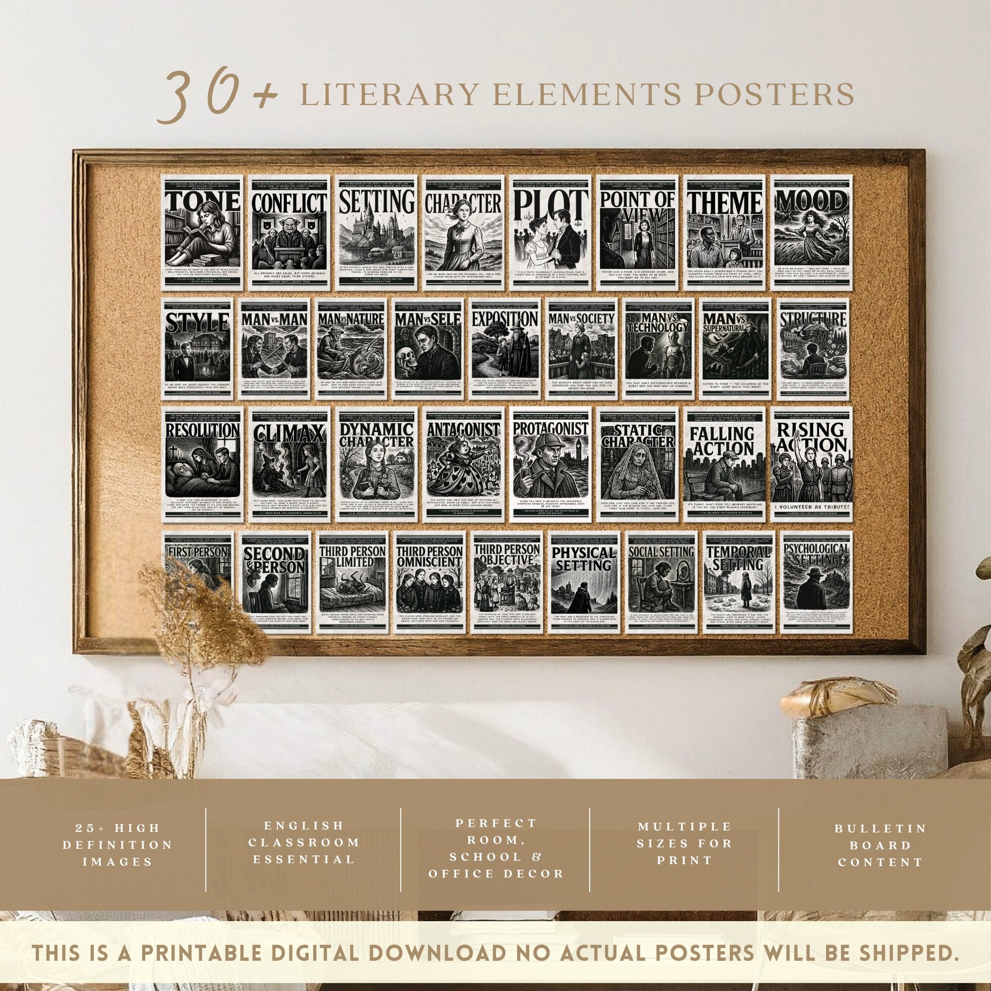 Printable literary elements poster set of 30+ for English classroom decor, literature lessons, library displays, homeschool spaces, and book wall art.