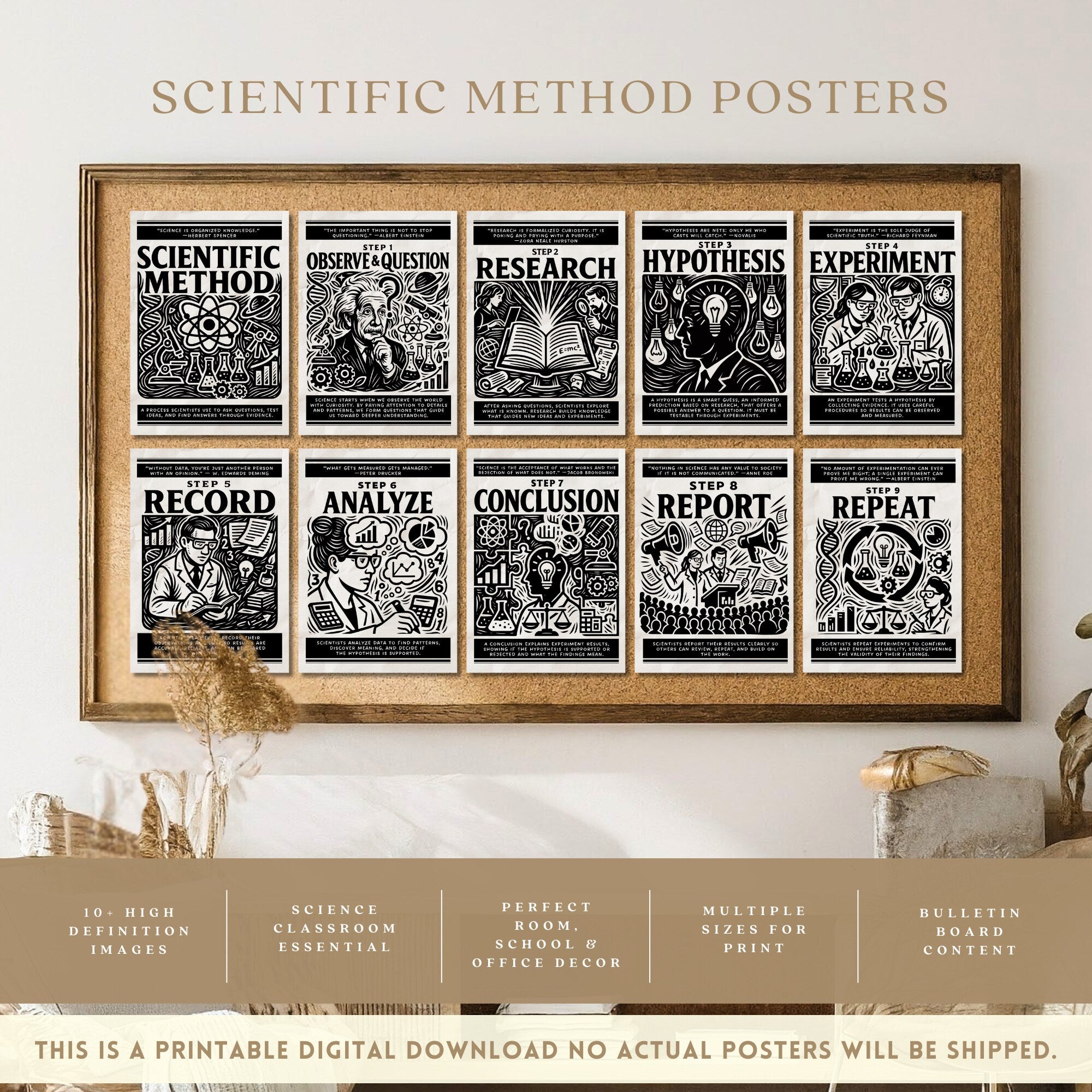 Printable scientific method poster set of 10 for science classroom decor, laboratory displays, middle school, high school, and homeschool learning.
