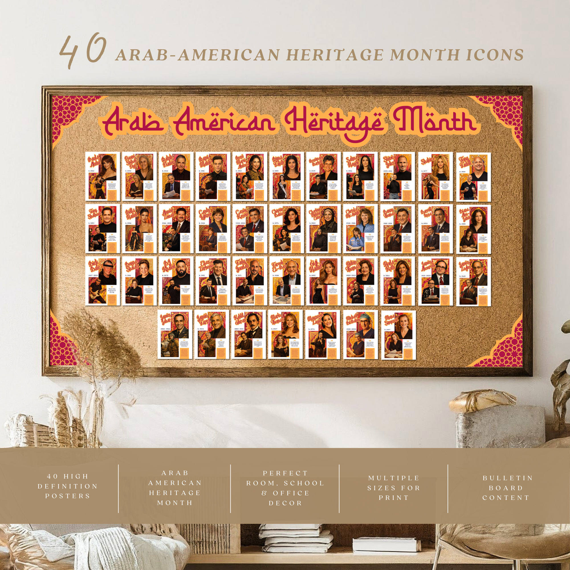 Printable Arab American Heritage Month poster set of 40 for April bulletin boards, classroom decor, history lessons, and cultural displays.