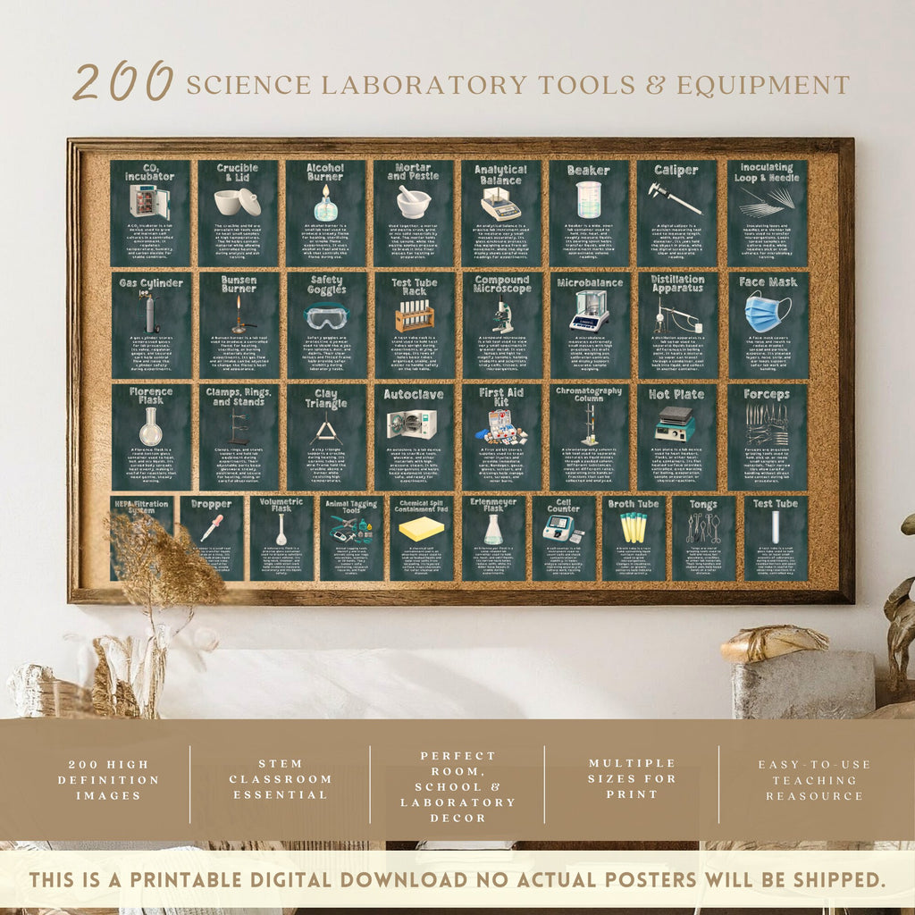 Printable science laboratory tools poster set of 200 for STEM classroom decor, equipment study displays, bulletin boards, and homeschool science walls.