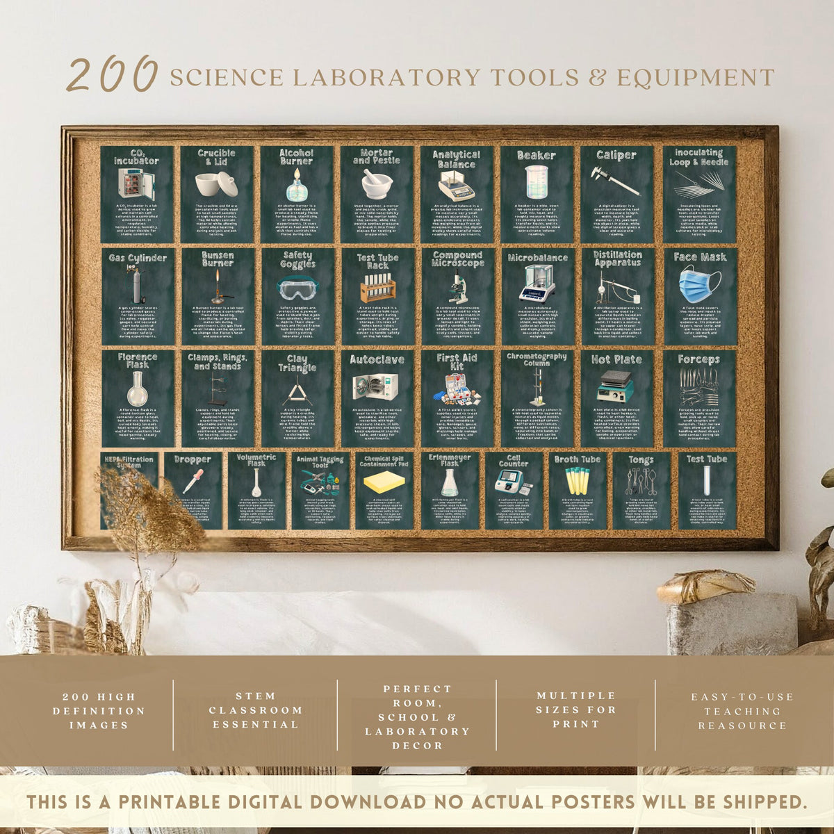 Printable science laboratory tools poster set of 200 for STEM classroom decor, equipment study displays, bulletin boards, and homeschool science walls.