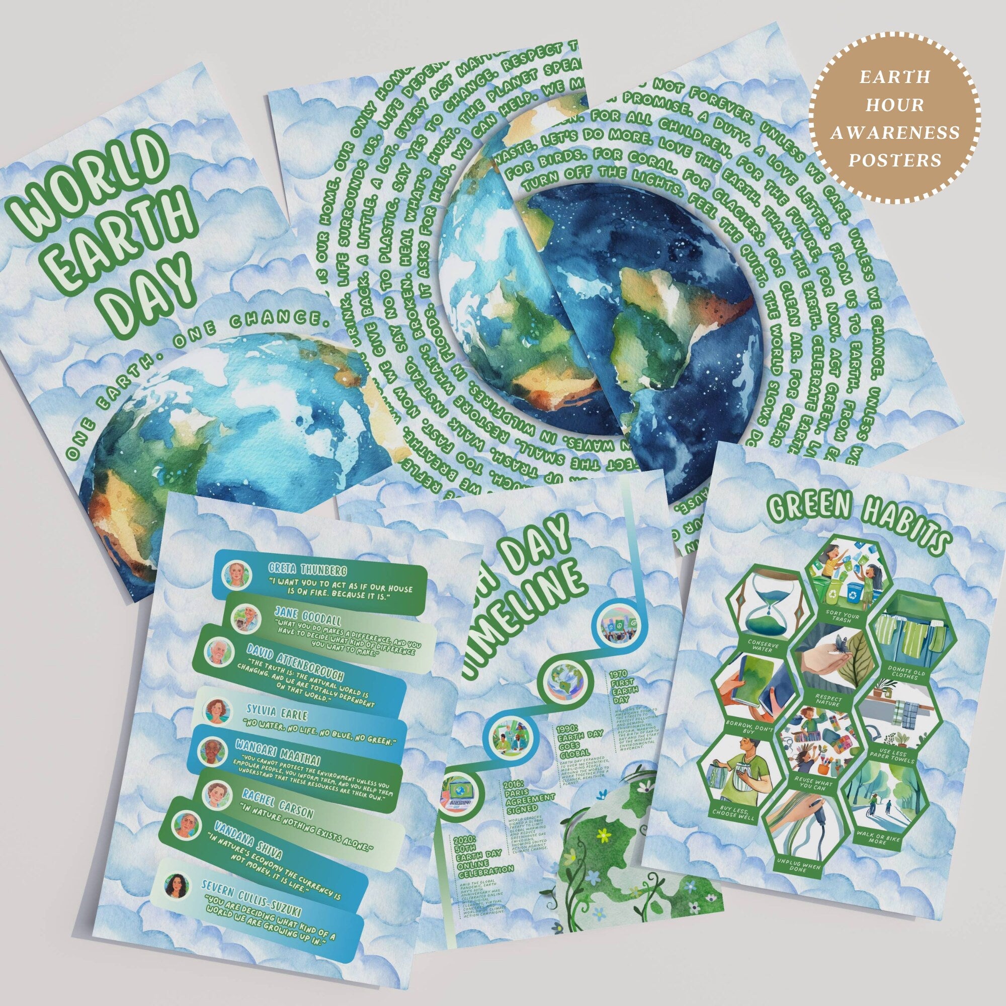 Printable Earth Day poster set of 140 for climate change awareness, world environment lessons, classroom decor, bulletin boards, and displays.