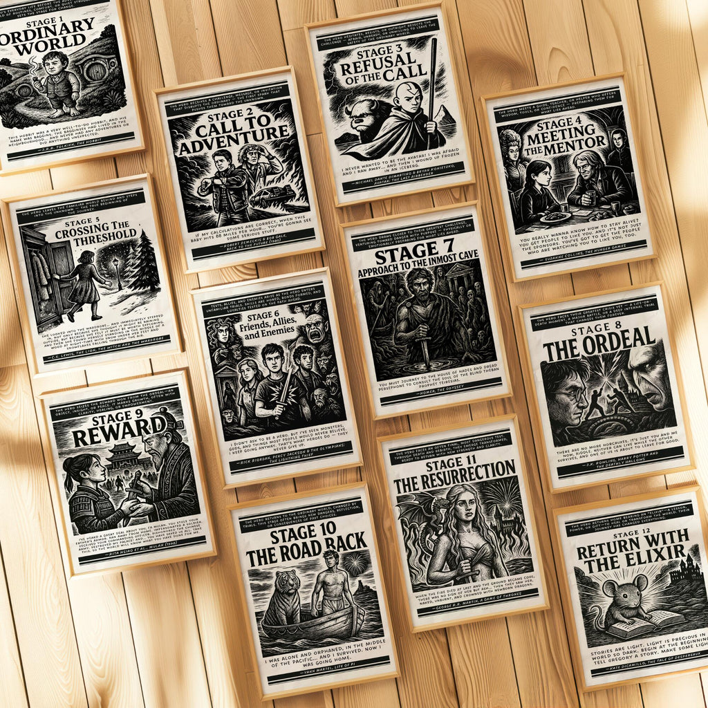 Printable Hero’s Journey poster set of 13 for English classroom decor, ELA literature lessons, homeschool spaces, libraries, and wall displays.
