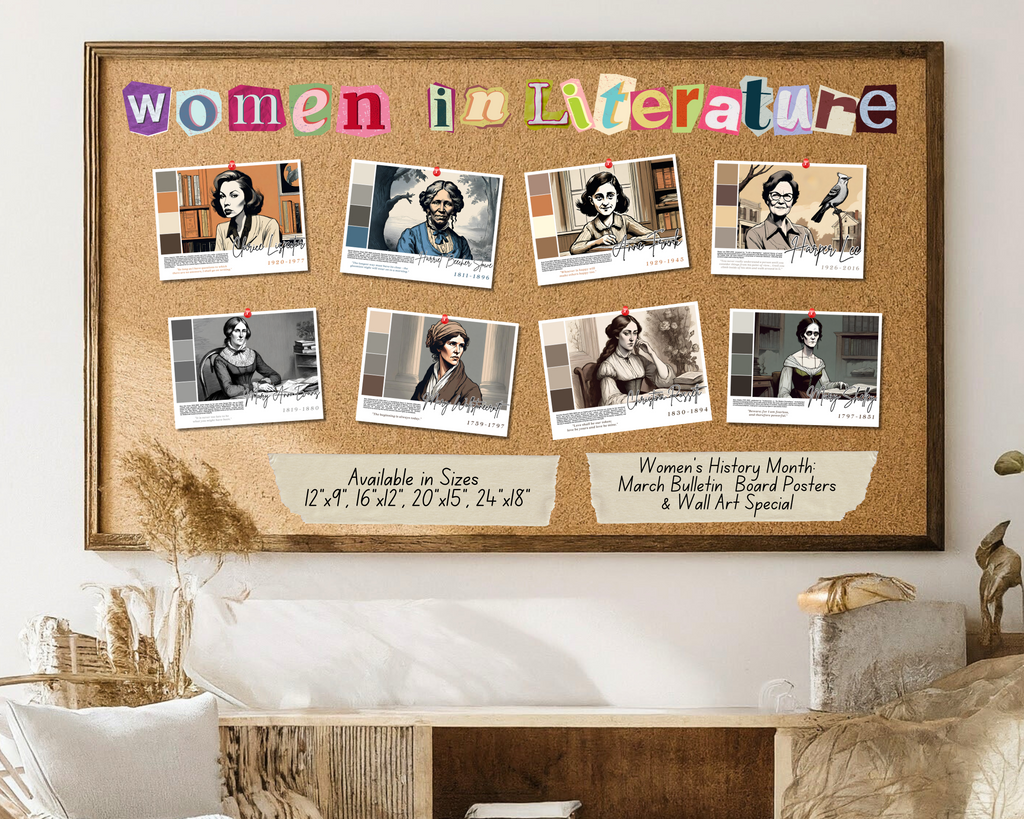 Printable Women in Literature poster set of 30 featuring famous writers, quotes, and achievements. Perfect for Women’s History Month classroom decor.