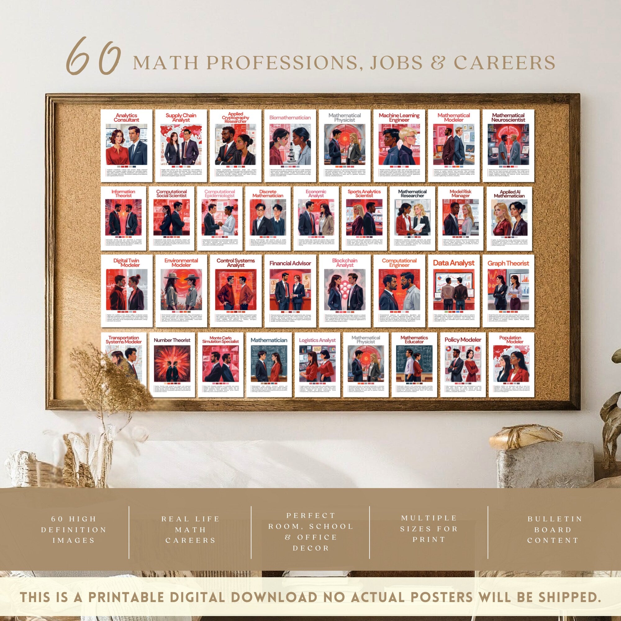 Printable math careers poster set of 60 for STEM classroom decor, career exploration, bulletin boards, homeschool spaces, and wall displays.