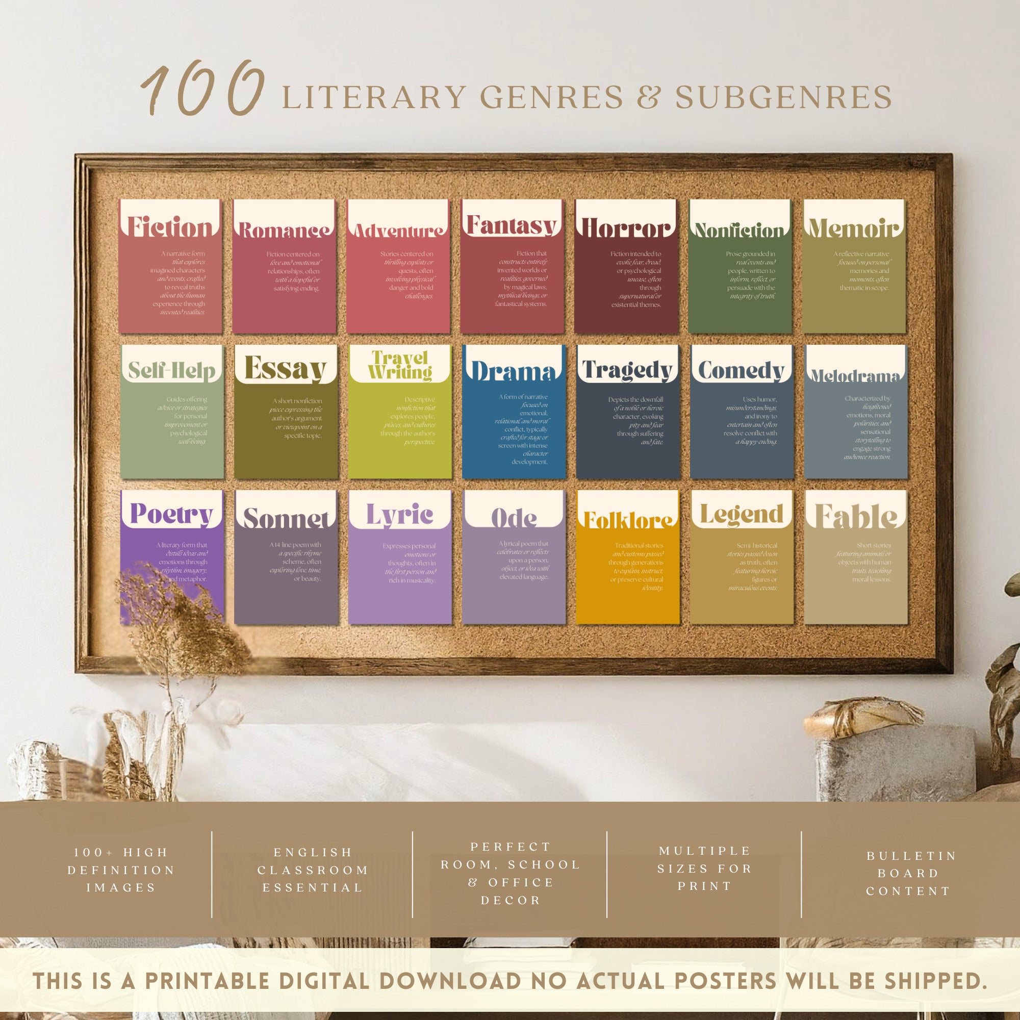 Printable literary genres poster set of 100+ for English classroom decor, ELA bulletin boards, fiction, nonfiction, poetry, drama, and folklore lessons.
