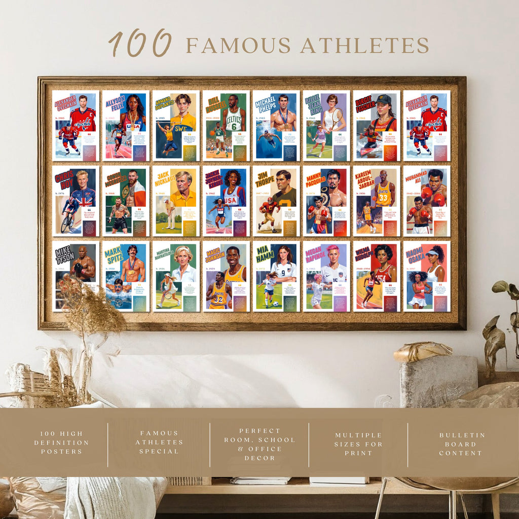 Printable famous athletes poster set of 100 featuring sports mindset quotes for PE classroom decor, gym walls, bulletin boards, and displays.