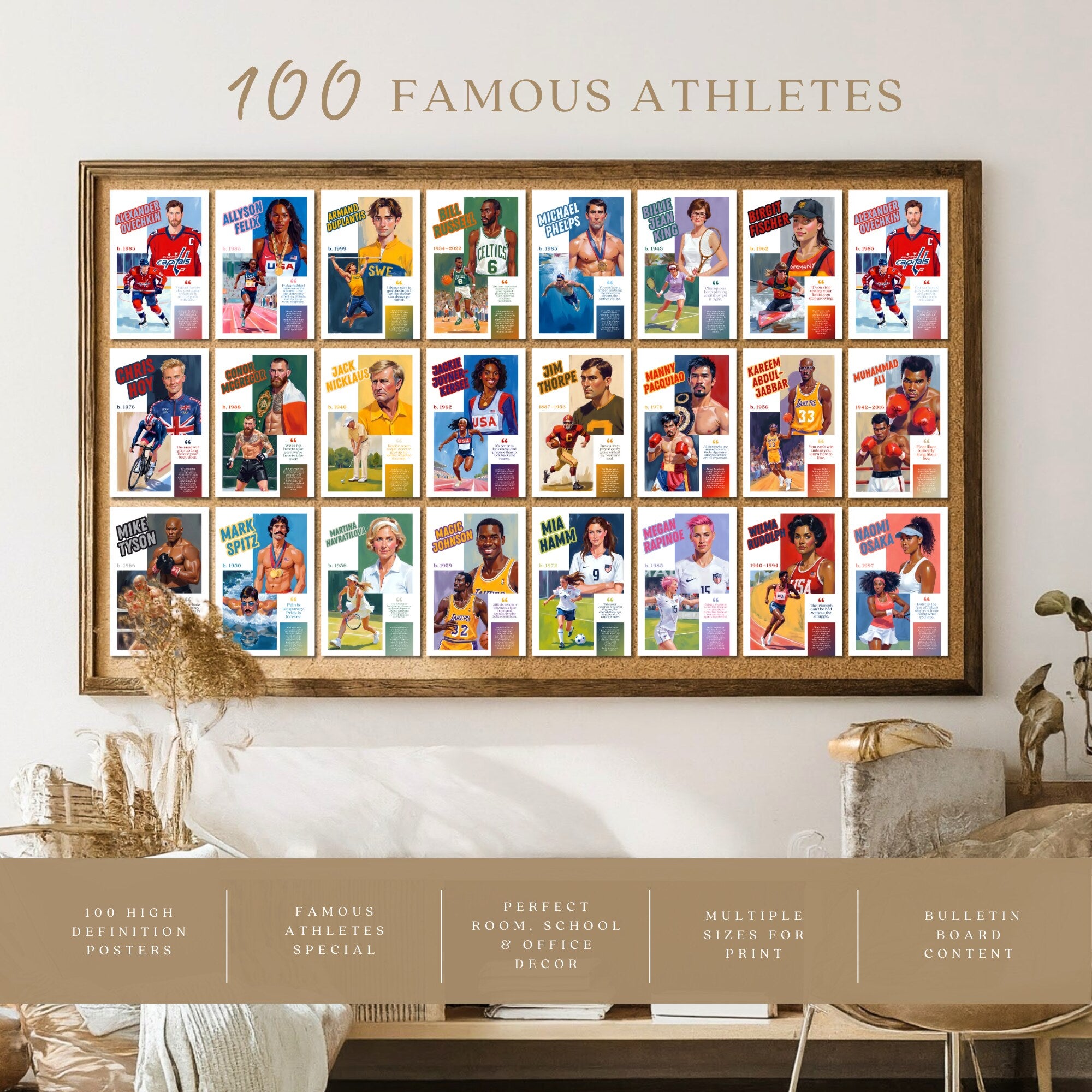 Printable famous athletes poster set of 100 featuring sports mindset quotes for PE classroom decor, gym walls, bulletin boards, and displays.