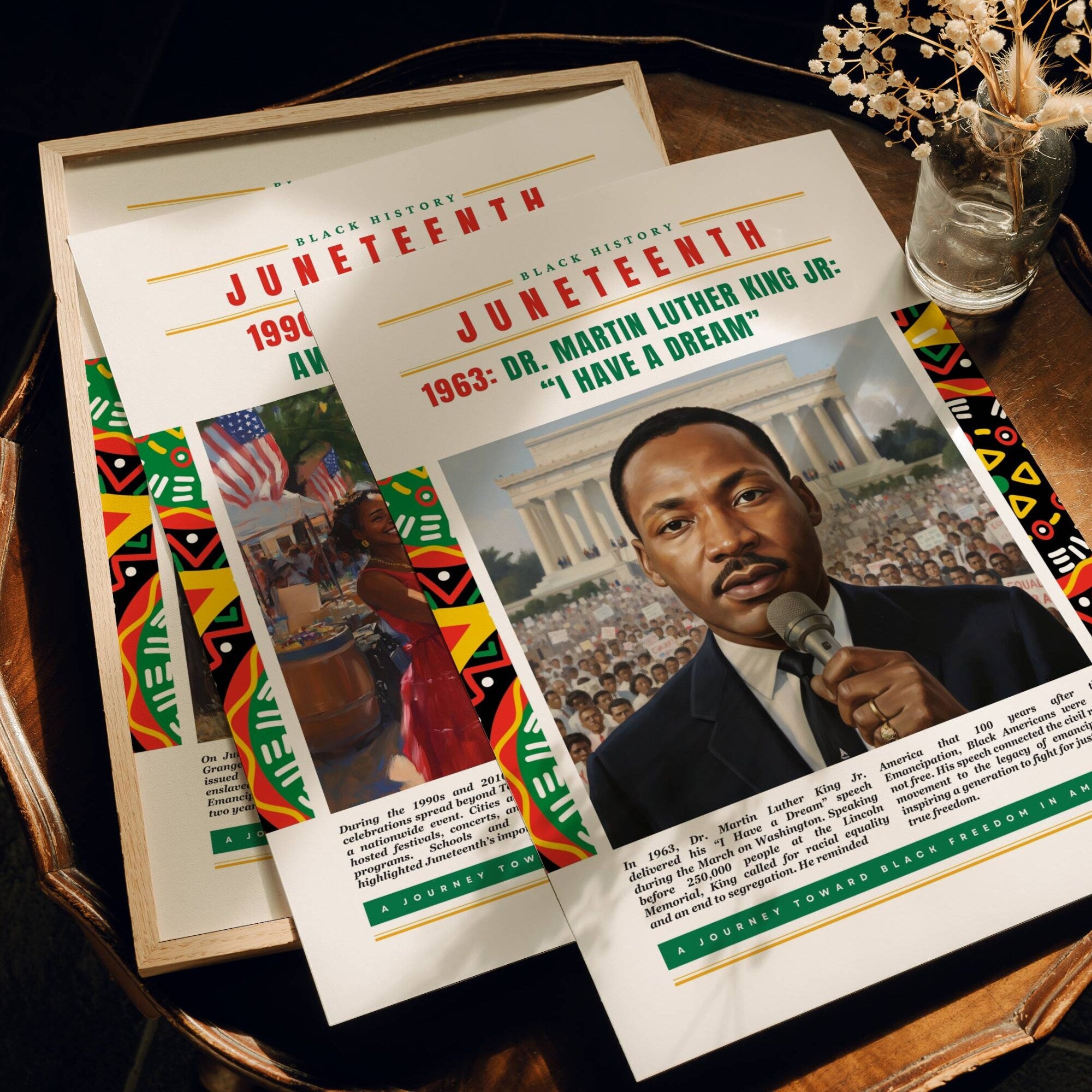 Printable Juneteenth poster set of 35 featuring history, timeline, freedom art, June bulletin board decor, and classroom display pieces.
