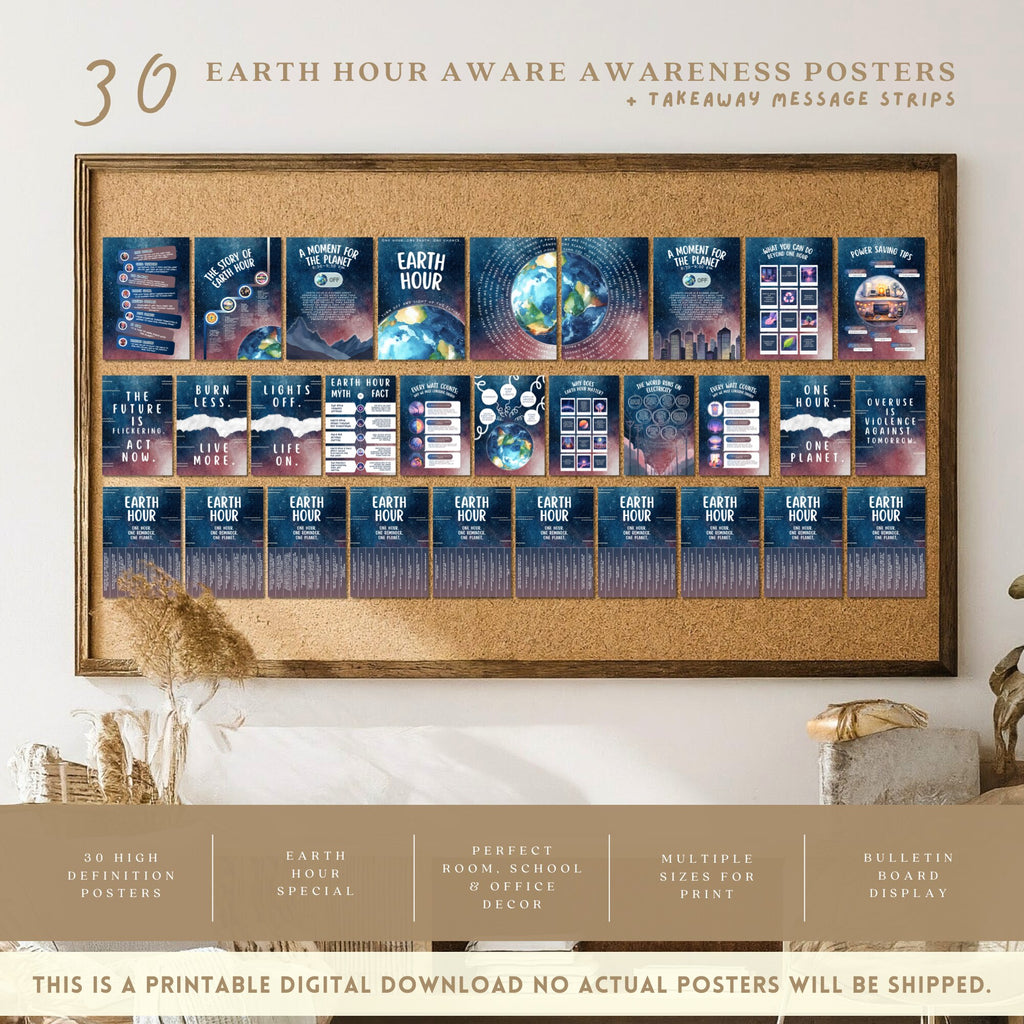 Printable Earth Hour poster set of 30 for climate change awareness, March bulletin boards, classroom decor, sustainability lessons, and displays.