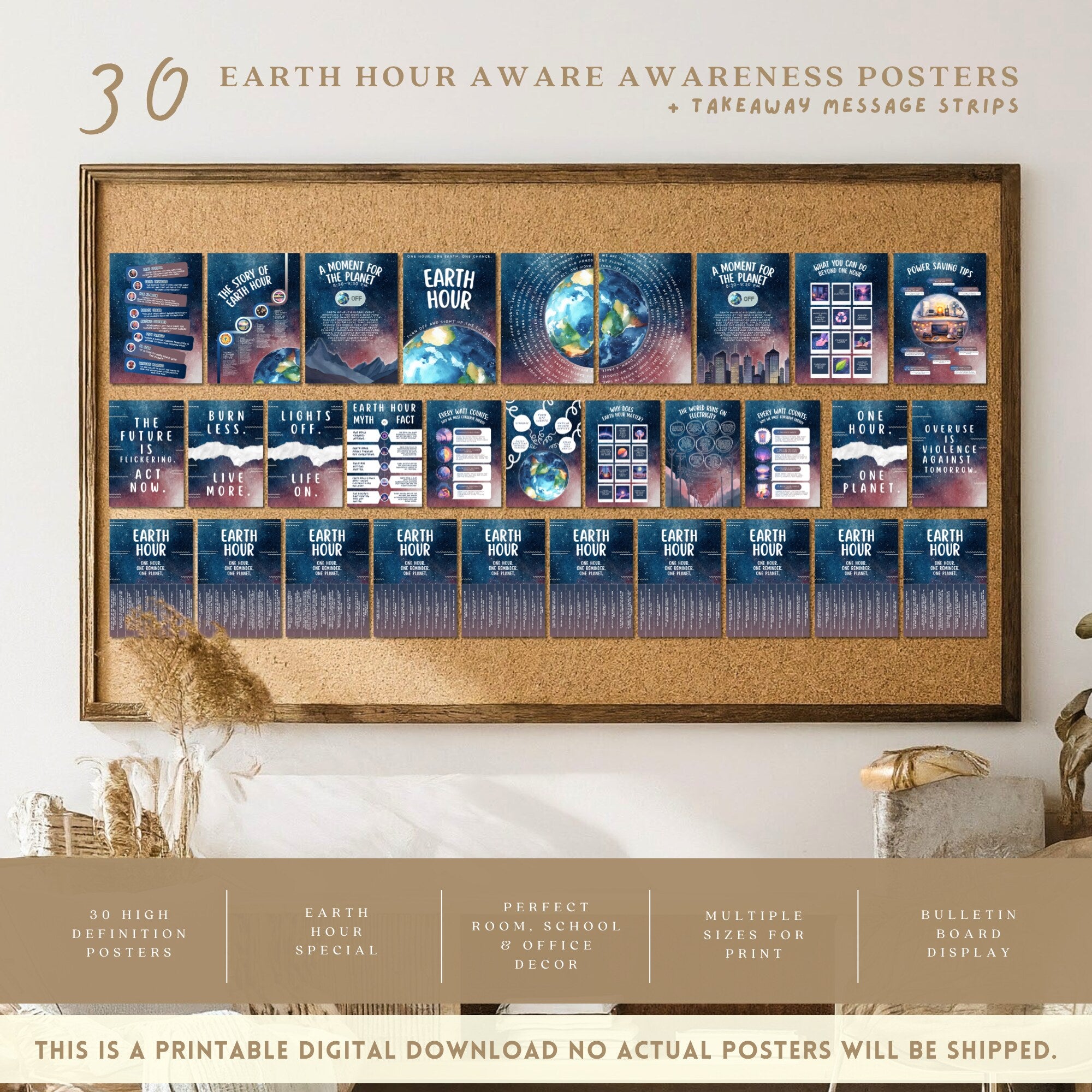 Printable Earth Hour poster set of 30 for climate change awareness, March bulletin boards, classroom decor, sustainability lessons, and displays.