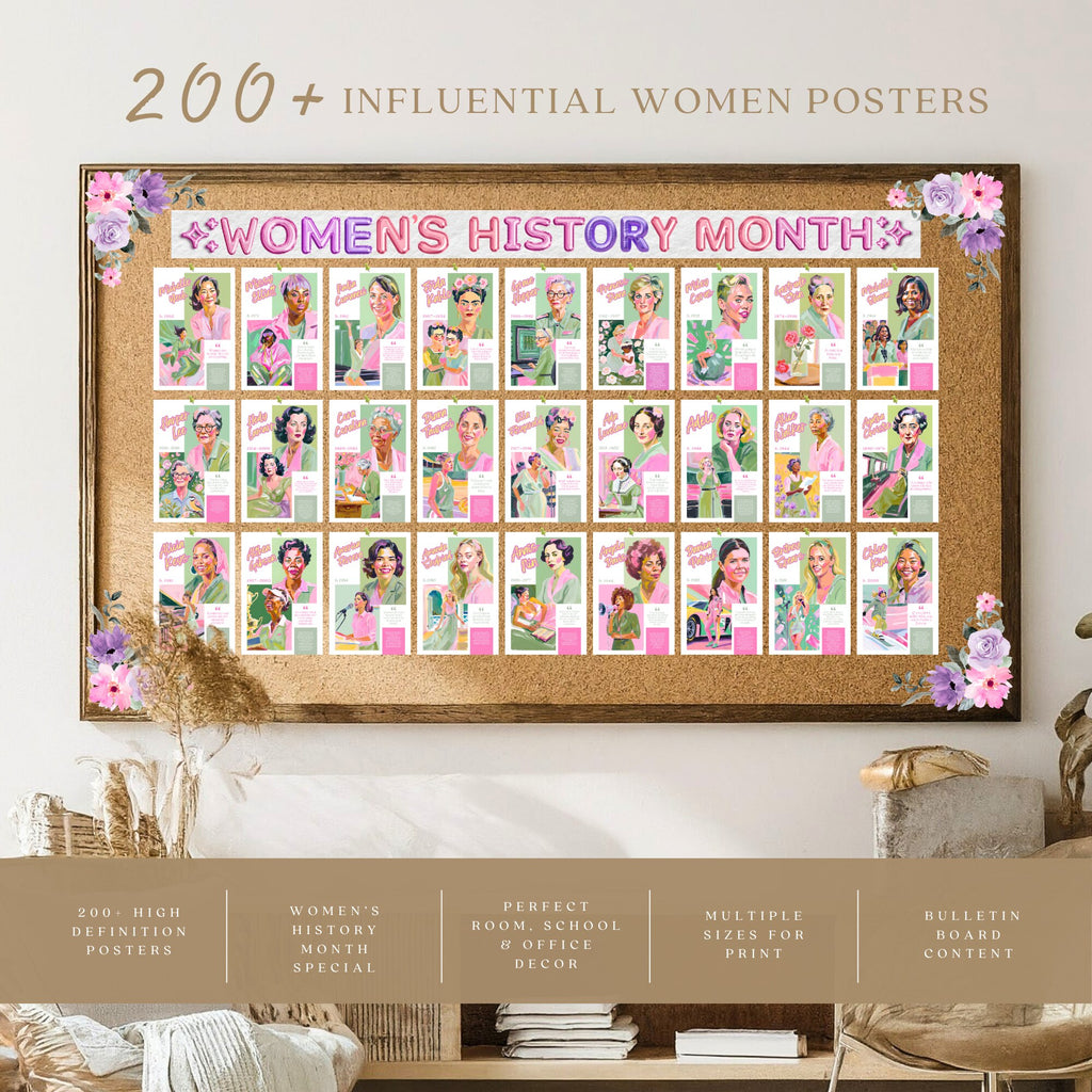 Printable Women’s History Month poster mega bundle with 200+ iconic women posters for classroom decor, bulletin boards, history lessons, and displays.