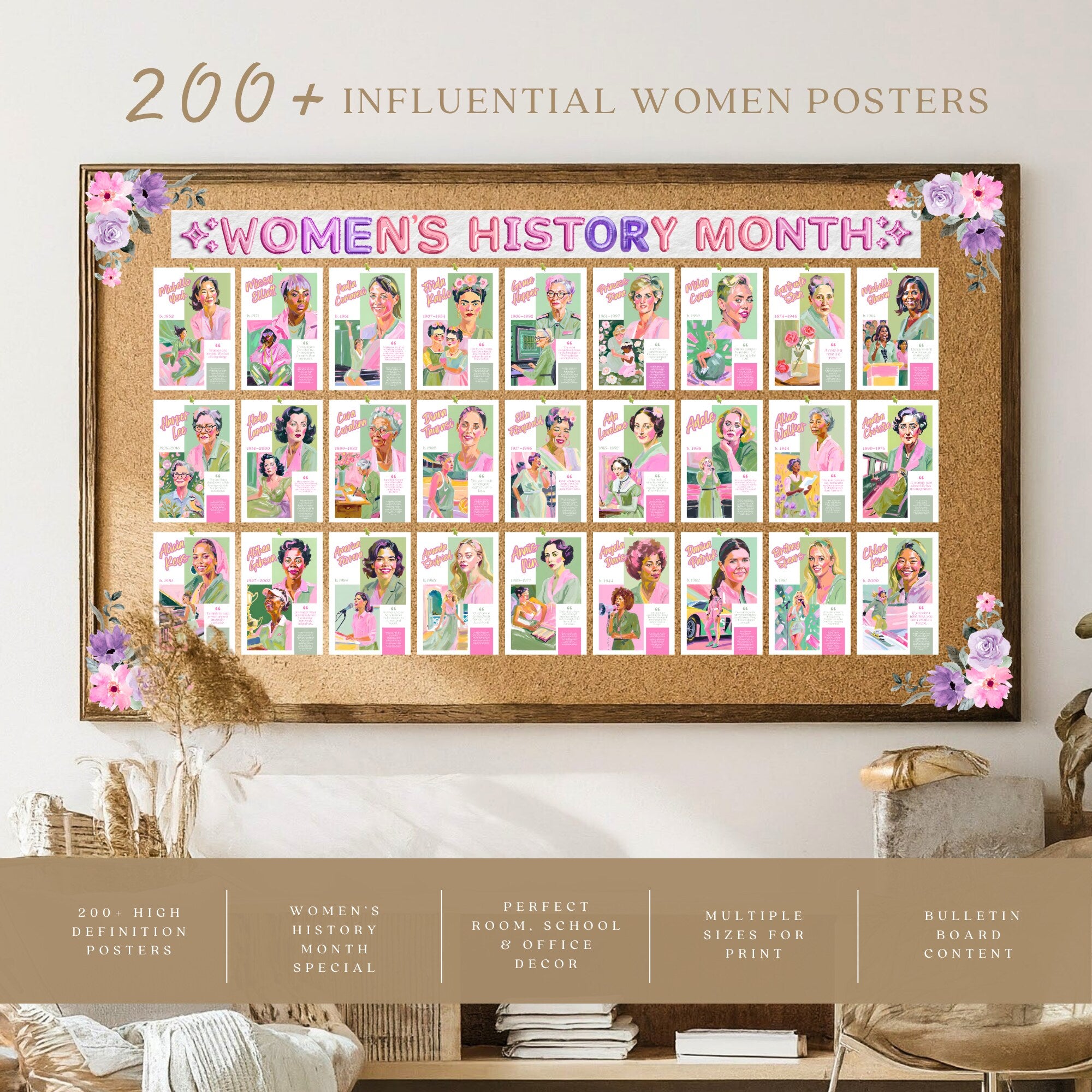 Printable Women’s History Month poster mega bundle with 200+ iconic women posters for classroom decor, bulletin boards, history lessons, and displays.