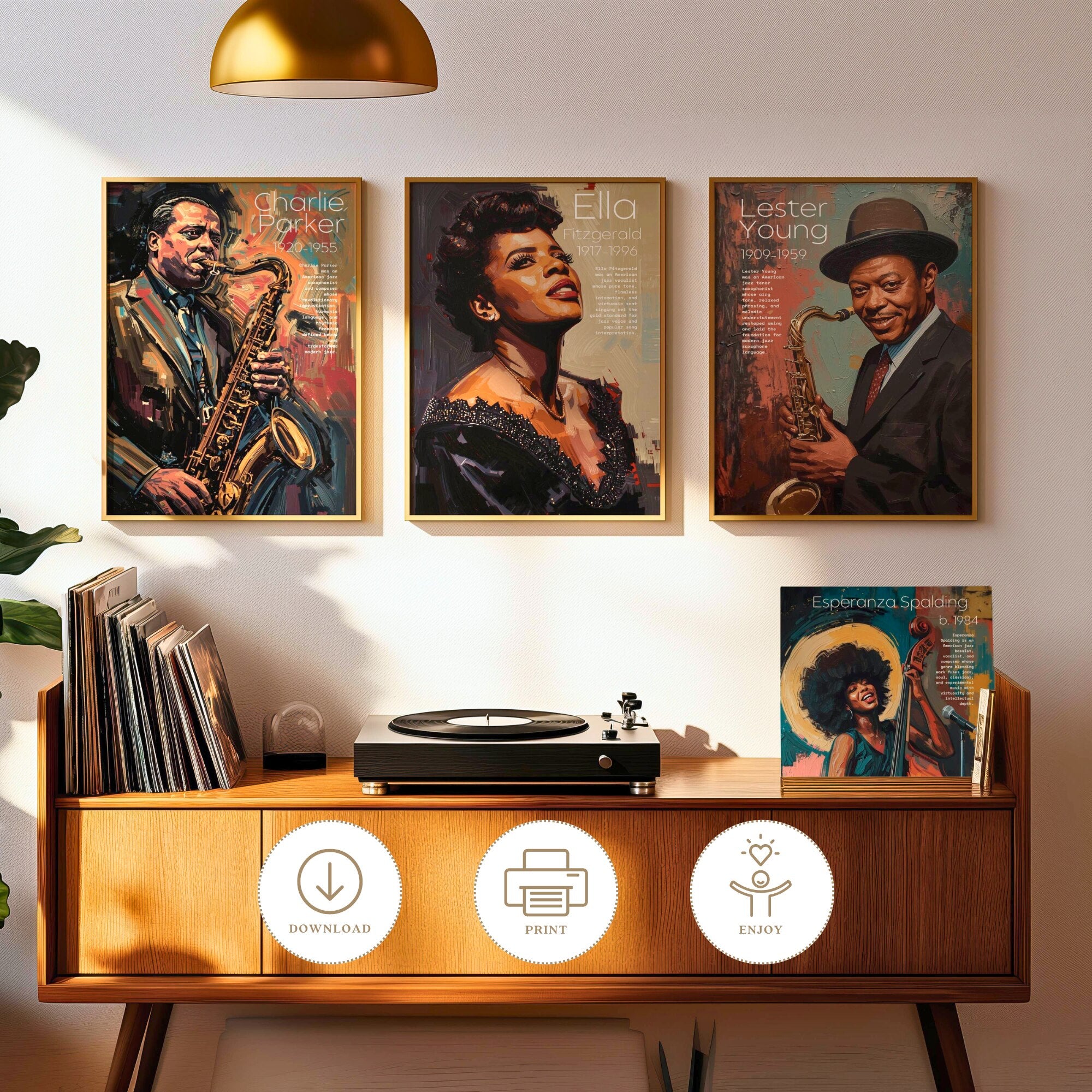 Printable jazz artists poster set of 50 for music classroom decor, music rooms, studio displays, gallery walls, and educational bulletin boards.