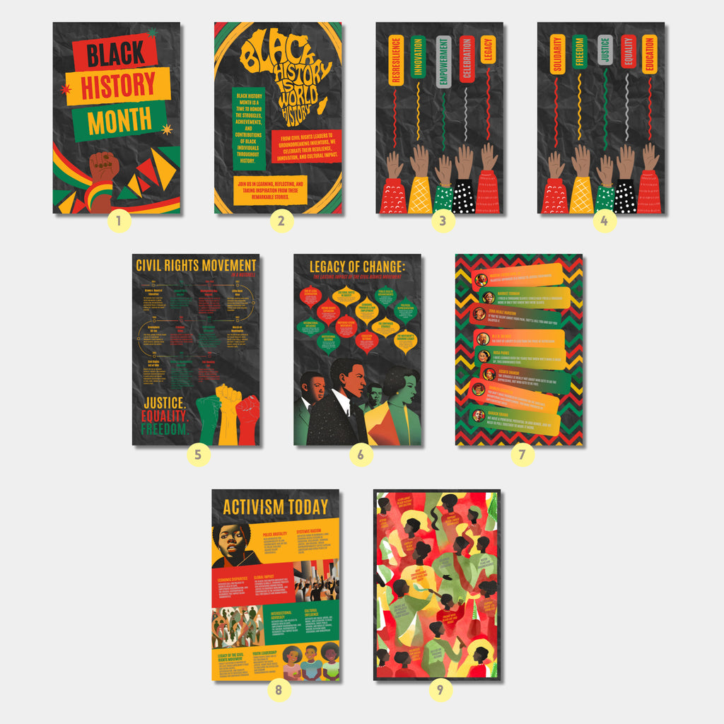 Printable Black History Month poster set of 30 featuring African American and African heritage icons for classroom decor and bulletin boards.