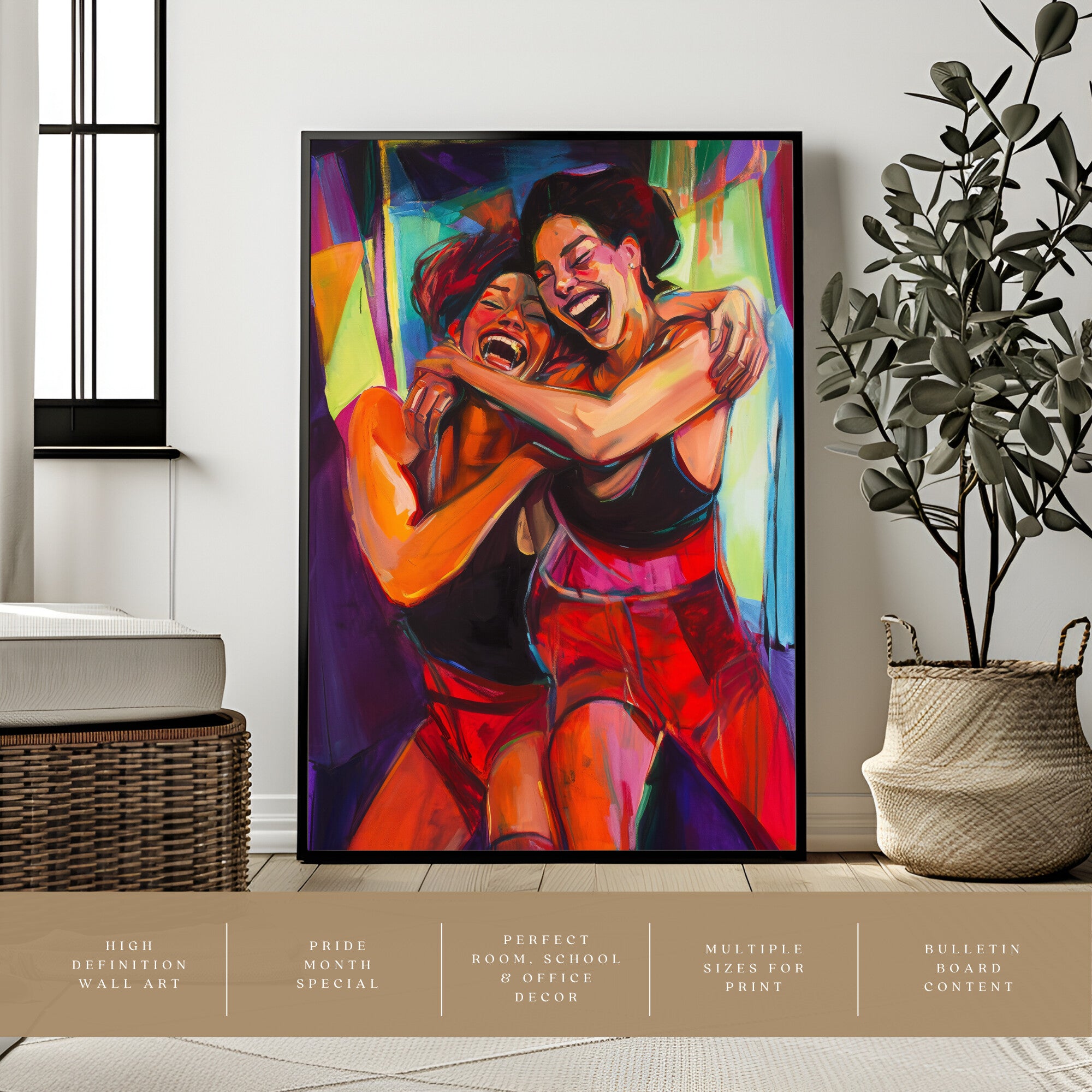 Printable sapphic wall art in a queer eclectic neon style for Pride Month decor, lesbian couple spaces, gallery walls, and inclusive home decor.