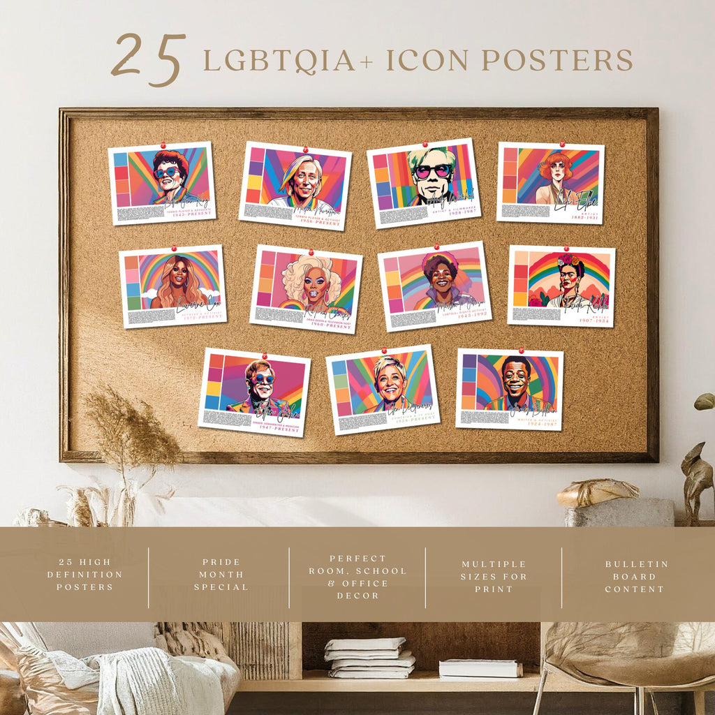 Printable Pride Month landscape poster set of 25 featuring LGBTQIA+ icons, LGBT History Month, SOGIE displays, and inclusive classroom decor.