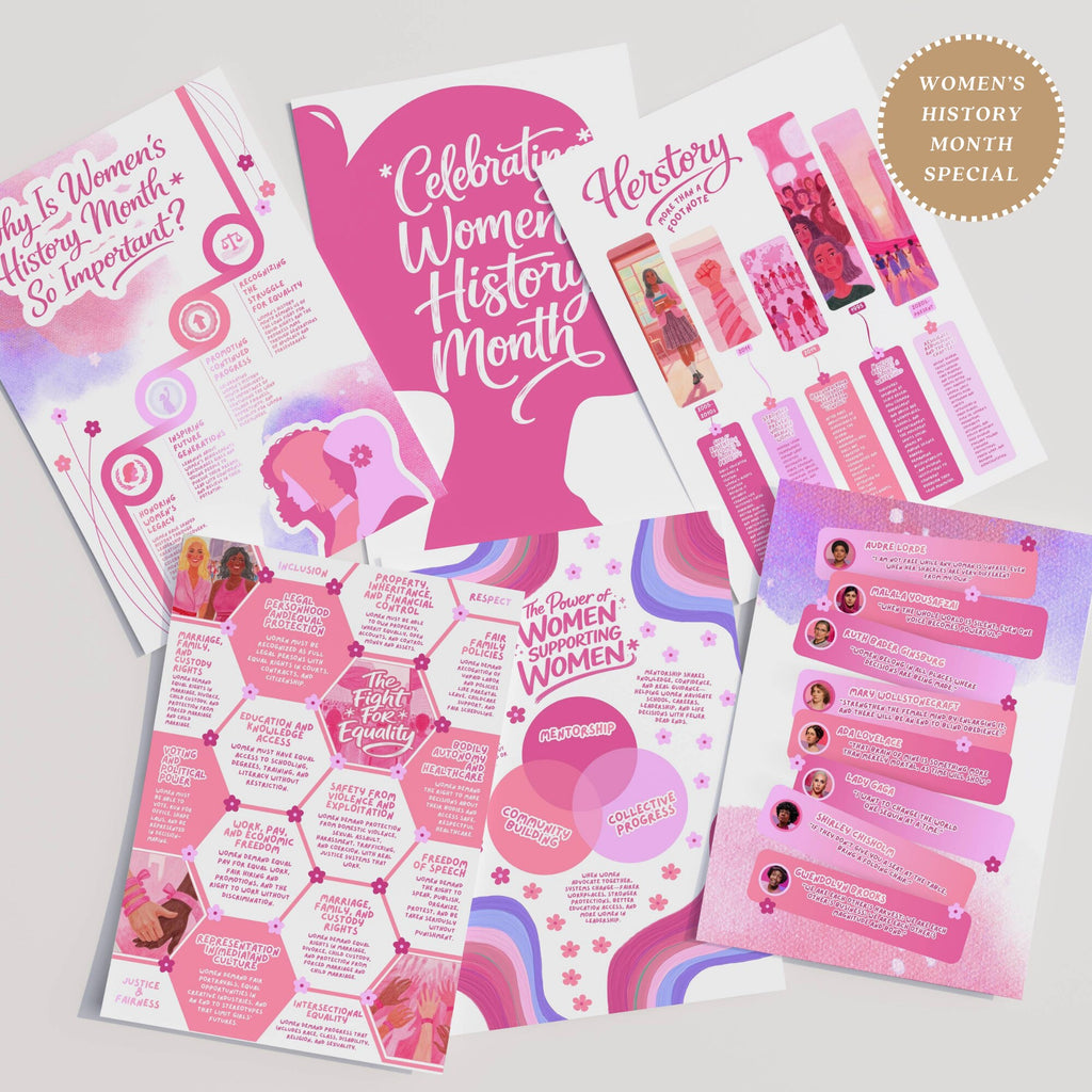 Printable Women’s History Month infographics and educational posters set of 100 for International Women’s Day, March bulletin boards, classroom decor, and displays.