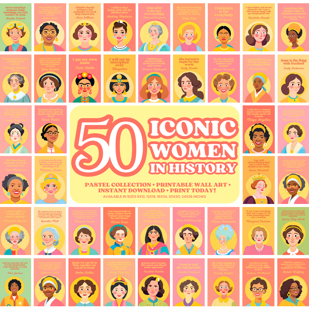 Printable Women’s History Month quotes poster set of 50 in a soft pastel theme. Perfect for classroom decor, bulletin boards, and empowerment displays.