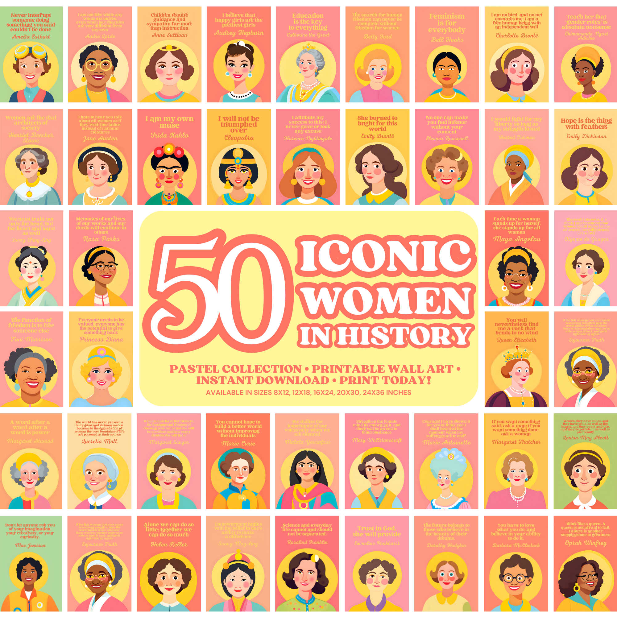 Printable Women’s History Month quotes poster set of 50 in a soft pastel theme. Perfect for classroom decor, bulletin boards, and empowerment displays.