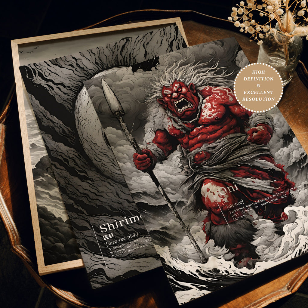 Printable Japanese mythological creatures poster set of 20 for Halloween decor, Japan horror wall art, dark fall displays, and spooky gothic gallery walls.