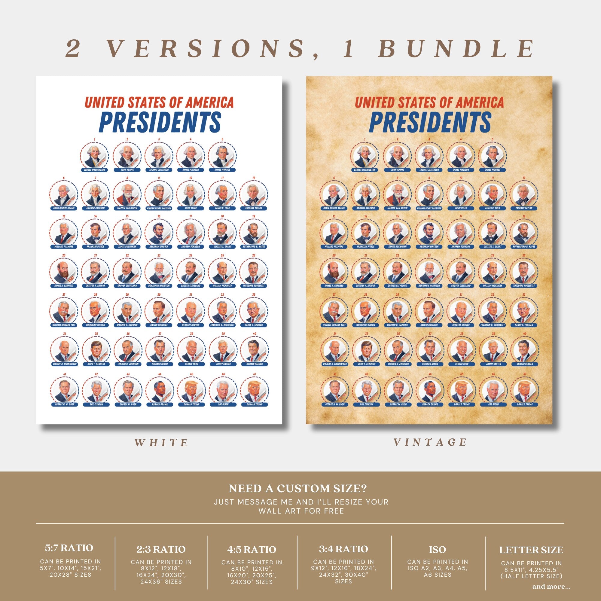 Printable U.S. Presidents chart updated for 2026 featuring all 47 presidents for American history lessons, classroom decor, and bulletin boards.