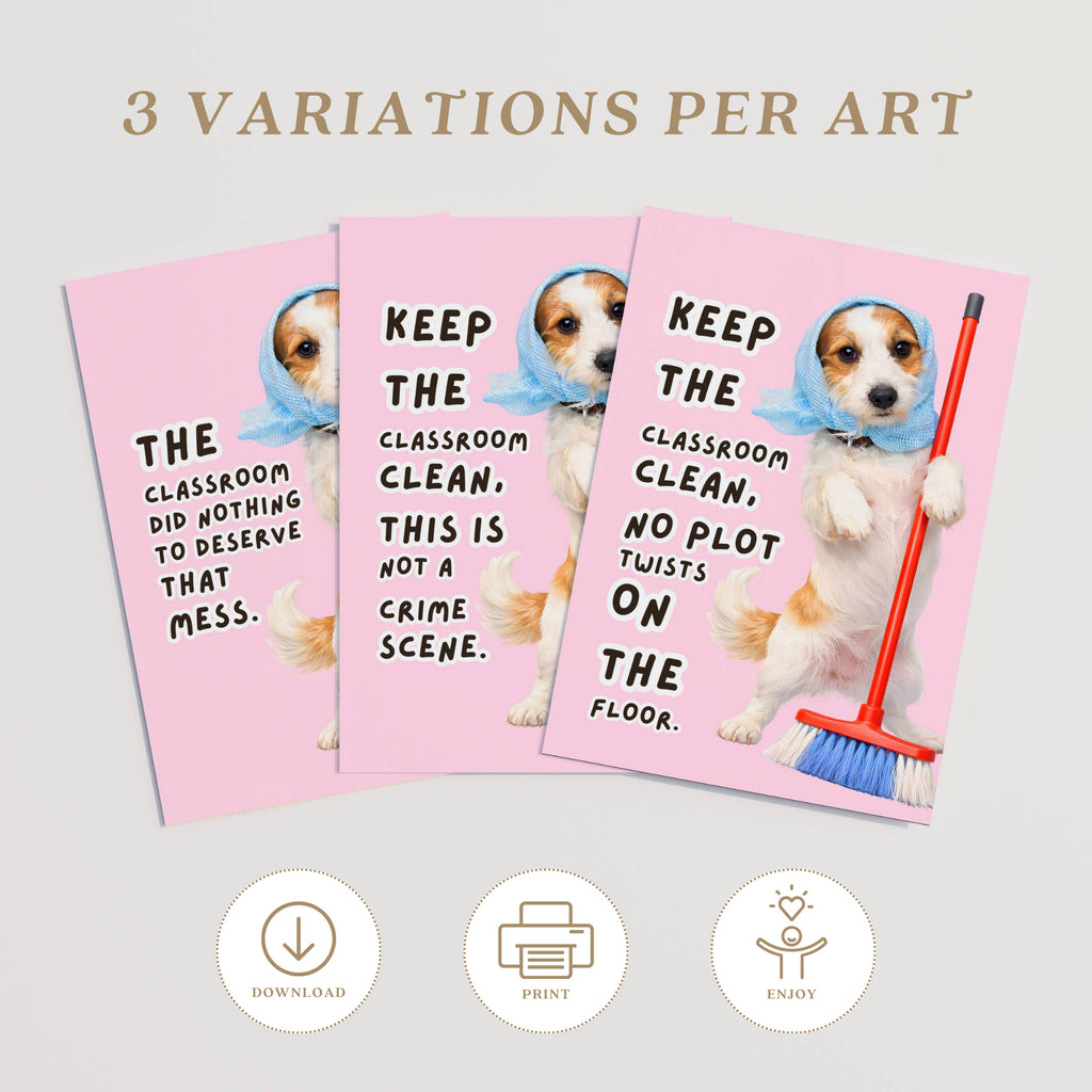 Printable funny class rules dog meme posters for middle school and high school classroom decor, teacher bulletin boards, and playful displays.