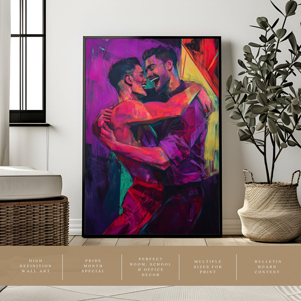 Printable gay couple wall art in a queer eclectic neon style for Pride Month decor, LGBTQIA+ spaces, gallery walls, and inclusive home decor.