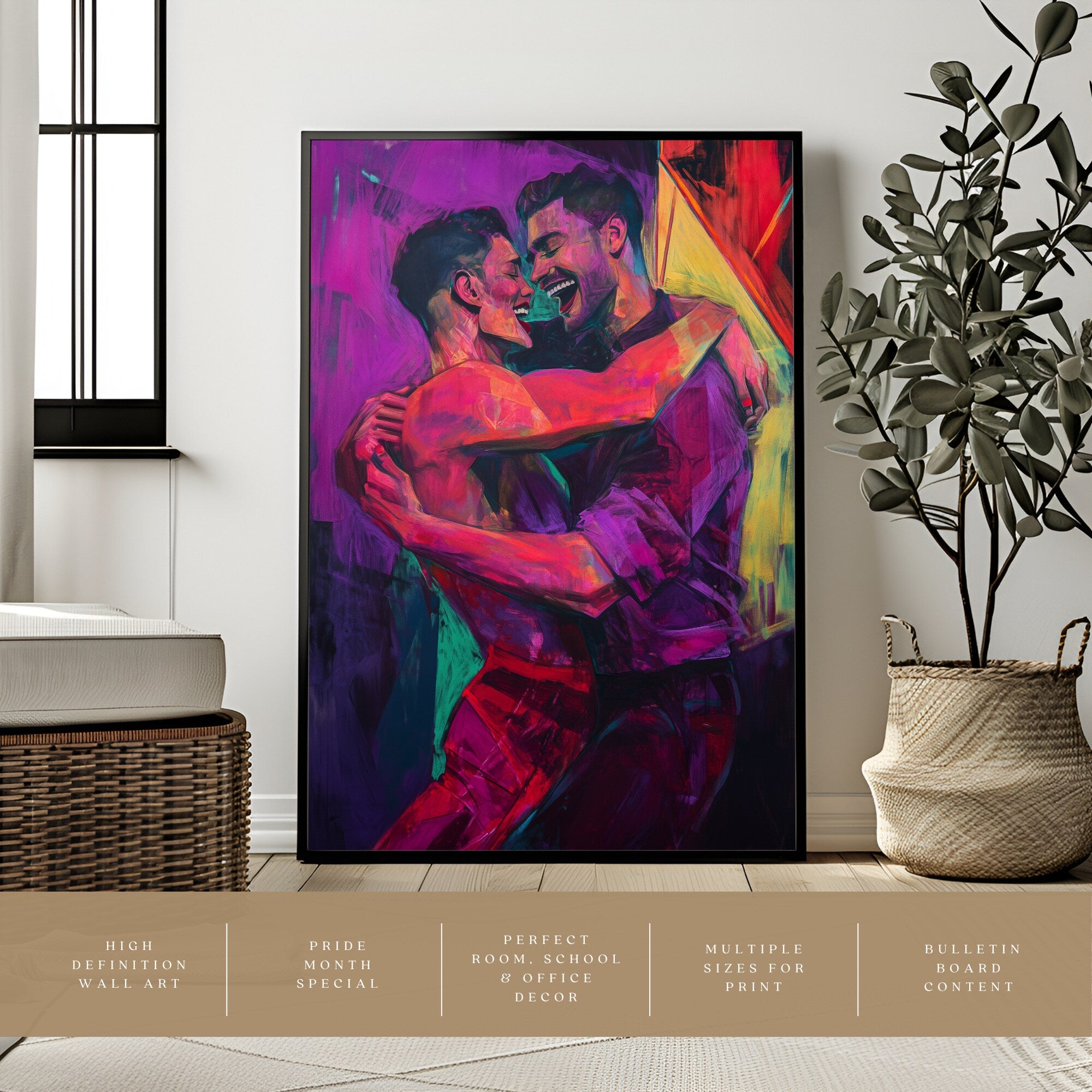 Printable gay couple wall art in a queer eclectic neon style for Pride Month decor, LGBTQIA+ spaces, gallery walls, and inclusive home decor.