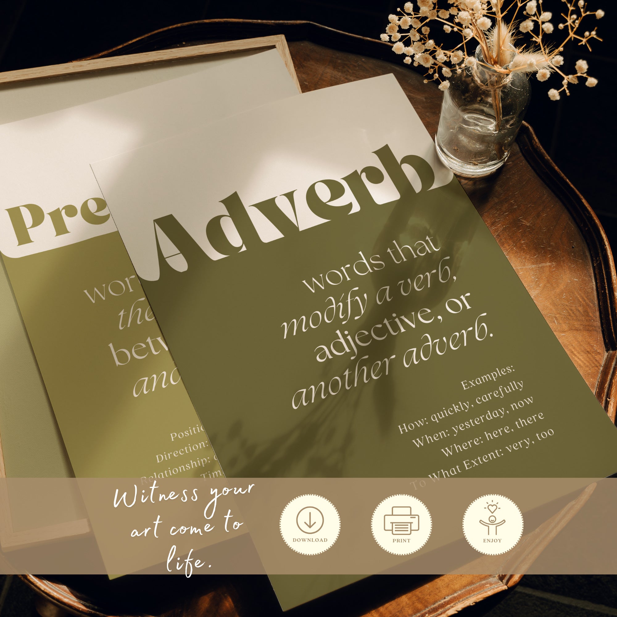 Printable parts of speech poster set of 9 for English grammar lessons, ELA classrooms, homeschool spaces, bulletin boards, and wall displays.
