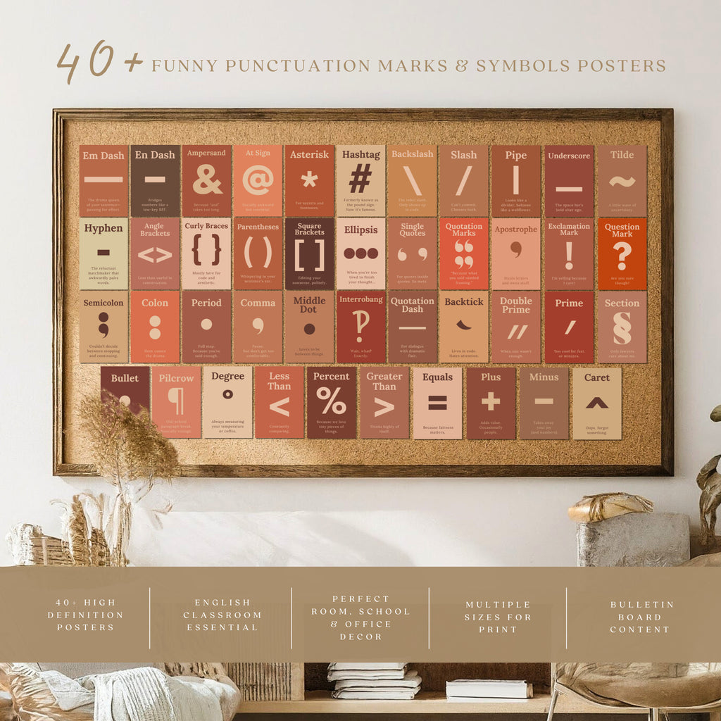 Printable funny punctuation posters set of 40 for English classroom decor, homeschool grammar lessons, flash cards, bulletin boards, and wall displays.