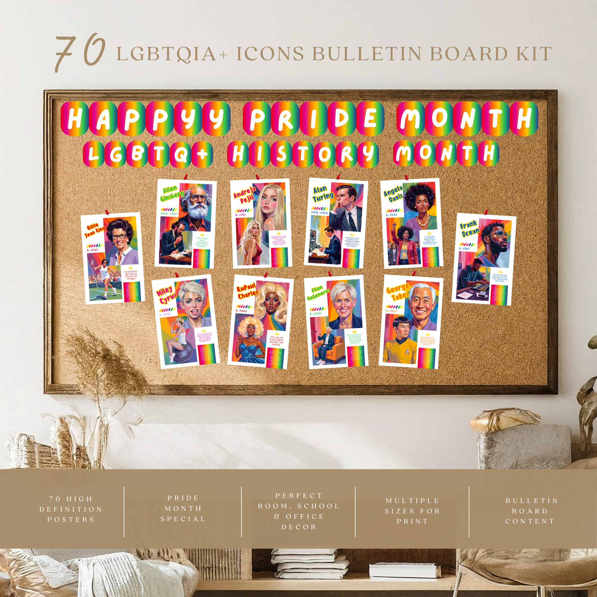 Printable Pride Month poster set of 70 featuring LGBT icons, LGBTQIA+ history, queer quotes, SOGIE displays, and inclusive classroom decor.