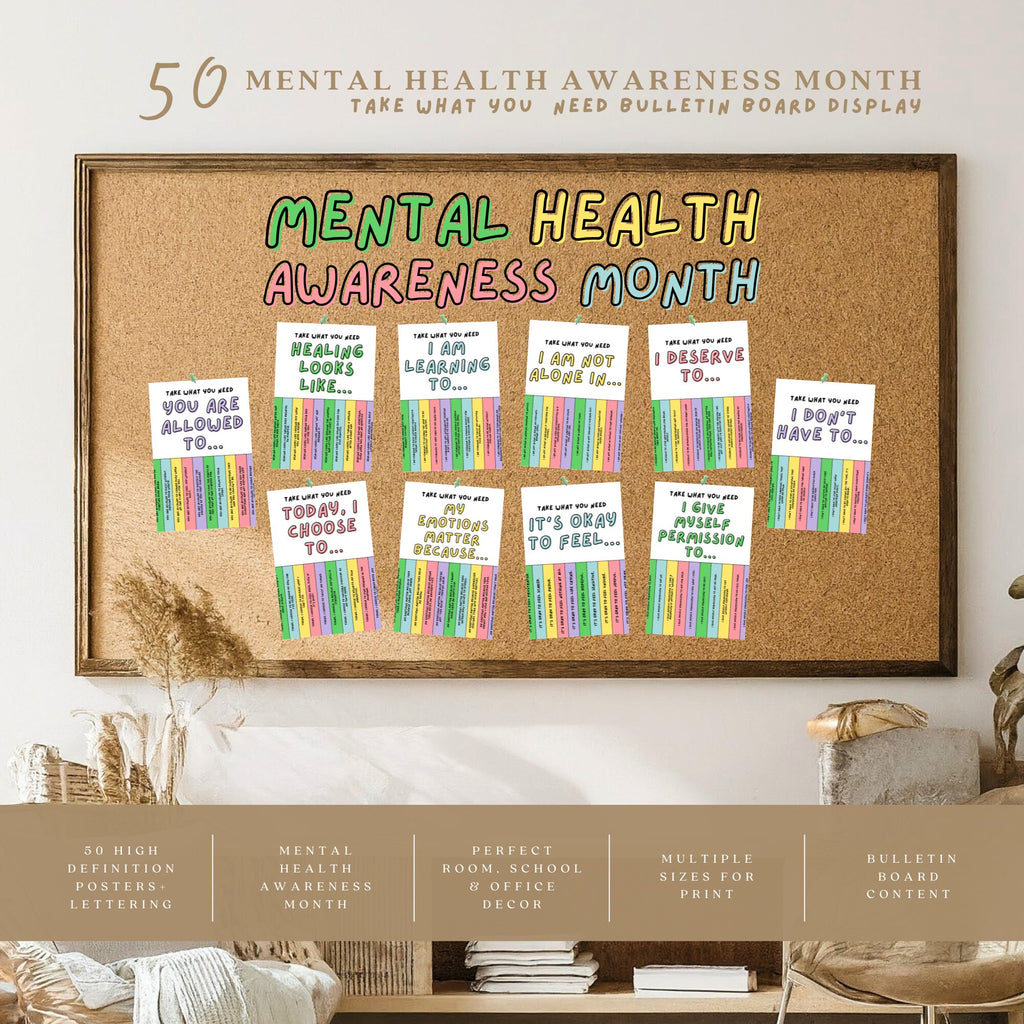 Printable Mental Health Awareness Month poster set of 50 with takeaway quotes for classroom, office, wellness bulletin boards, and decor.