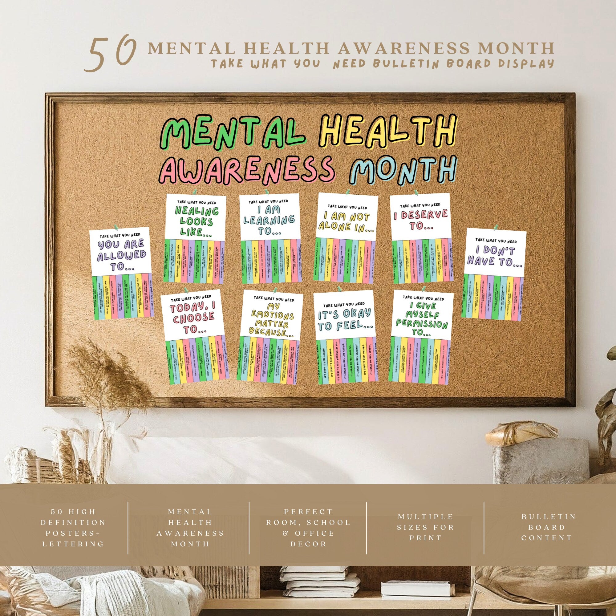 Printable Mental Health Awareness Month poster set of 50 with takeaway quotes for classroom, office, wellness bulletin boards, and decor.