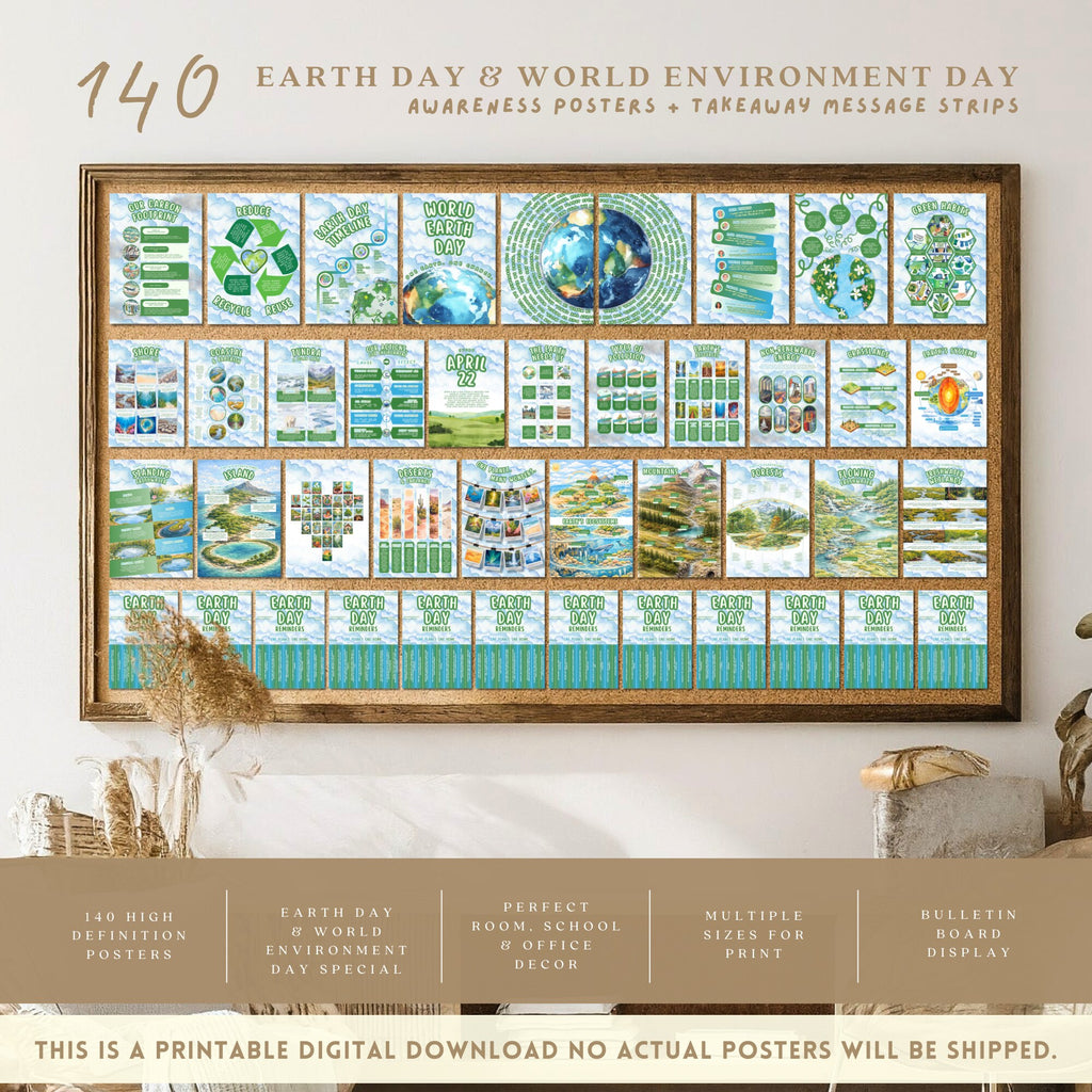 Printable Earth Day poster set of 140 for climate change awareness, world environment lessons, classroom decor, bulletin boards, and displays.