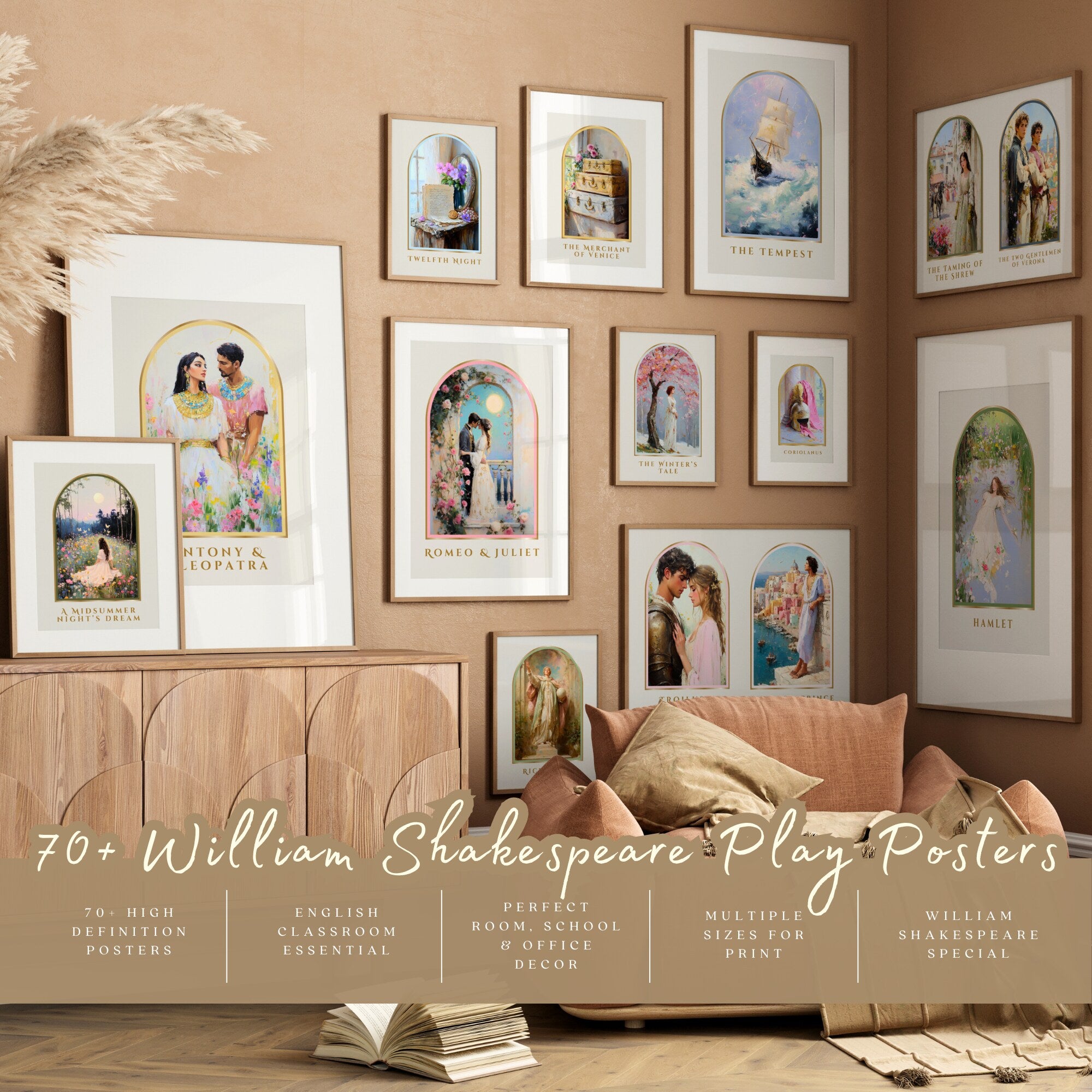 Printable Shakespeare plays poster set for English classroom decor, school libraries, literature displays, bulletin boards, and gallery walls.