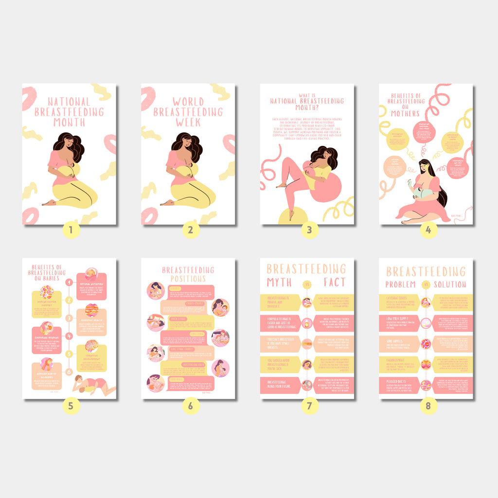Printable breastfeeding awareness posters set of 25 for clinics, lactation consultants, National Breastfeeding Month, mom support spaces, and displays.