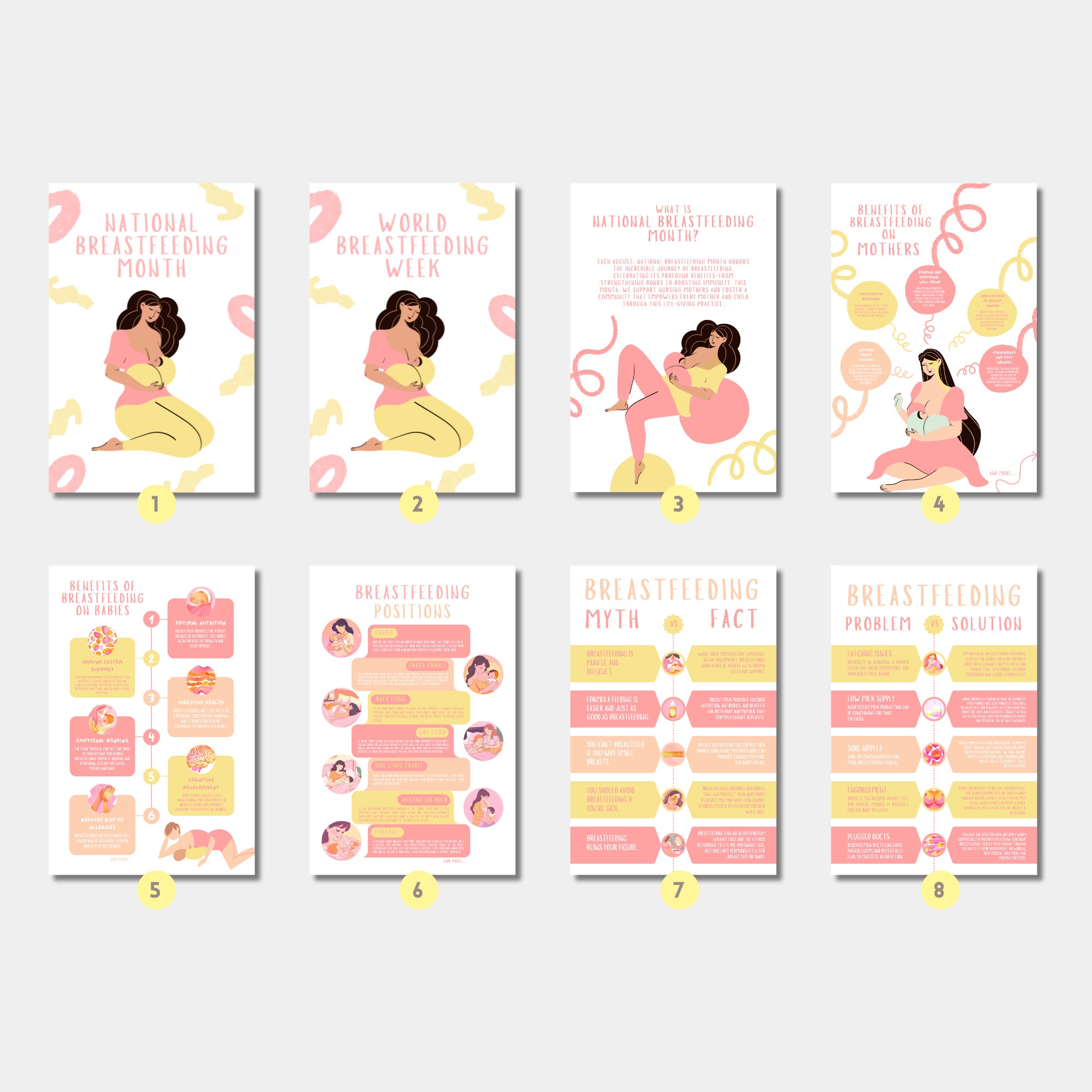 Printable breastfeeding awareness posters set of 25 for clinics, lactation consultants, National Breastfeeding Month, mom support spaces, and displays.