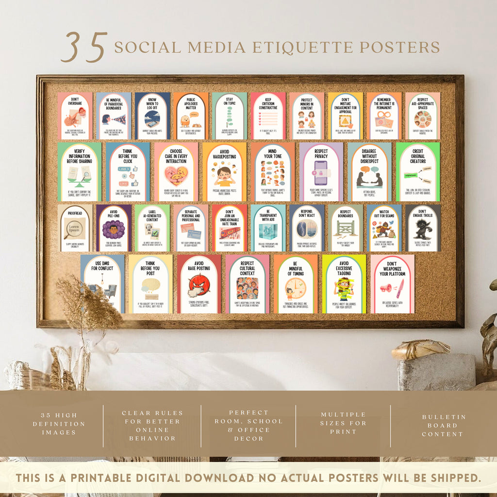 Printable social media etiquette poster set of 35 for middle school, high school, office bulletin boards, digital citizenship, and classroom decor.