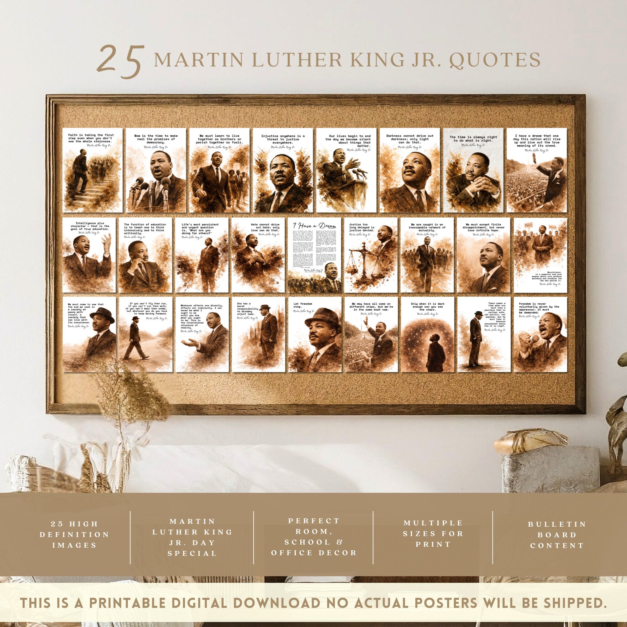 Printable Martin Luther King Jr. quote posters set of 25 for MLK Day, Black History Month, Juneteenth displays, classrooms, and bulletin boards.